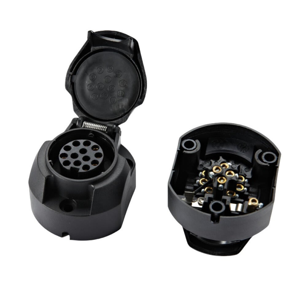 Prise Remorque 13 Broches 12V étanche QWORK - Connecteur Mâle Avec Cache, Pour Caravane, Voiture, Bateau, Cosses Laiton Nickelé - 6