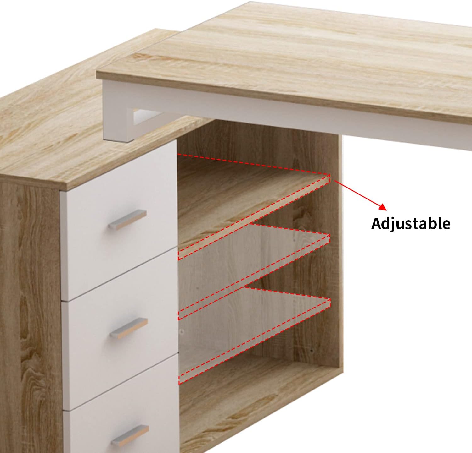 Bureau d'angle en forme de L Bureau informatique 2 étagères pieds en acier Bois&Blanc 130x57x75cm - 3