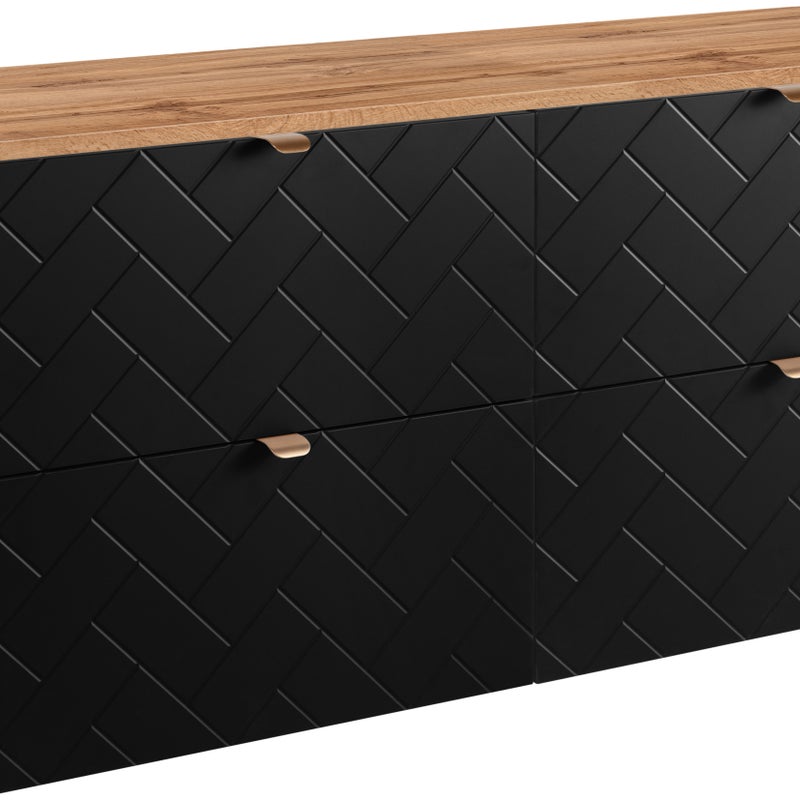 Czarna szafka pod umywalkę MADIS 120 cm z blatem dąb wotan wisząca frezowane szuflady