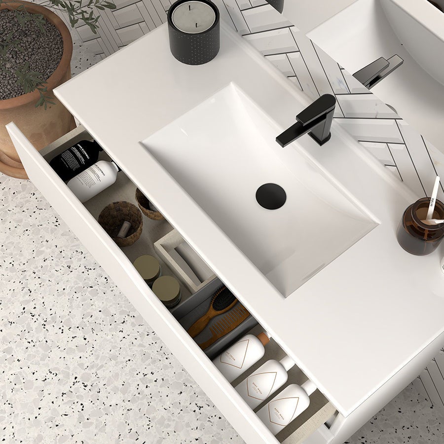 Meuble de salle de bain 80cm simple vasque - sans miroir - 3 tiroirs - blanc - MATA - 2