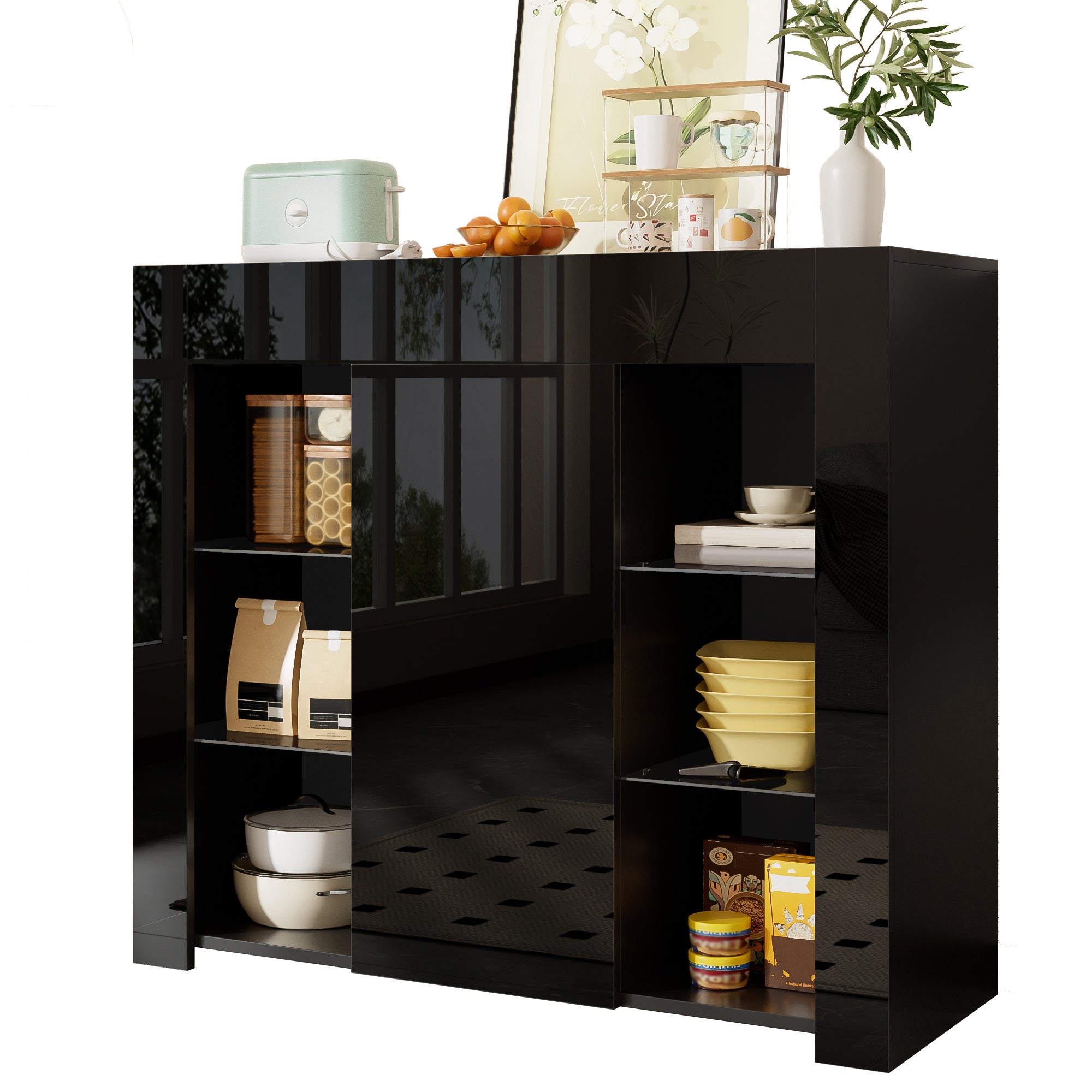 Komoda niska z 1 drzwiami i 6 przegródkami - 95 x 35 x 83 cm - Płyta wiórowa i szklane półki - Błyszczący front - Czarny