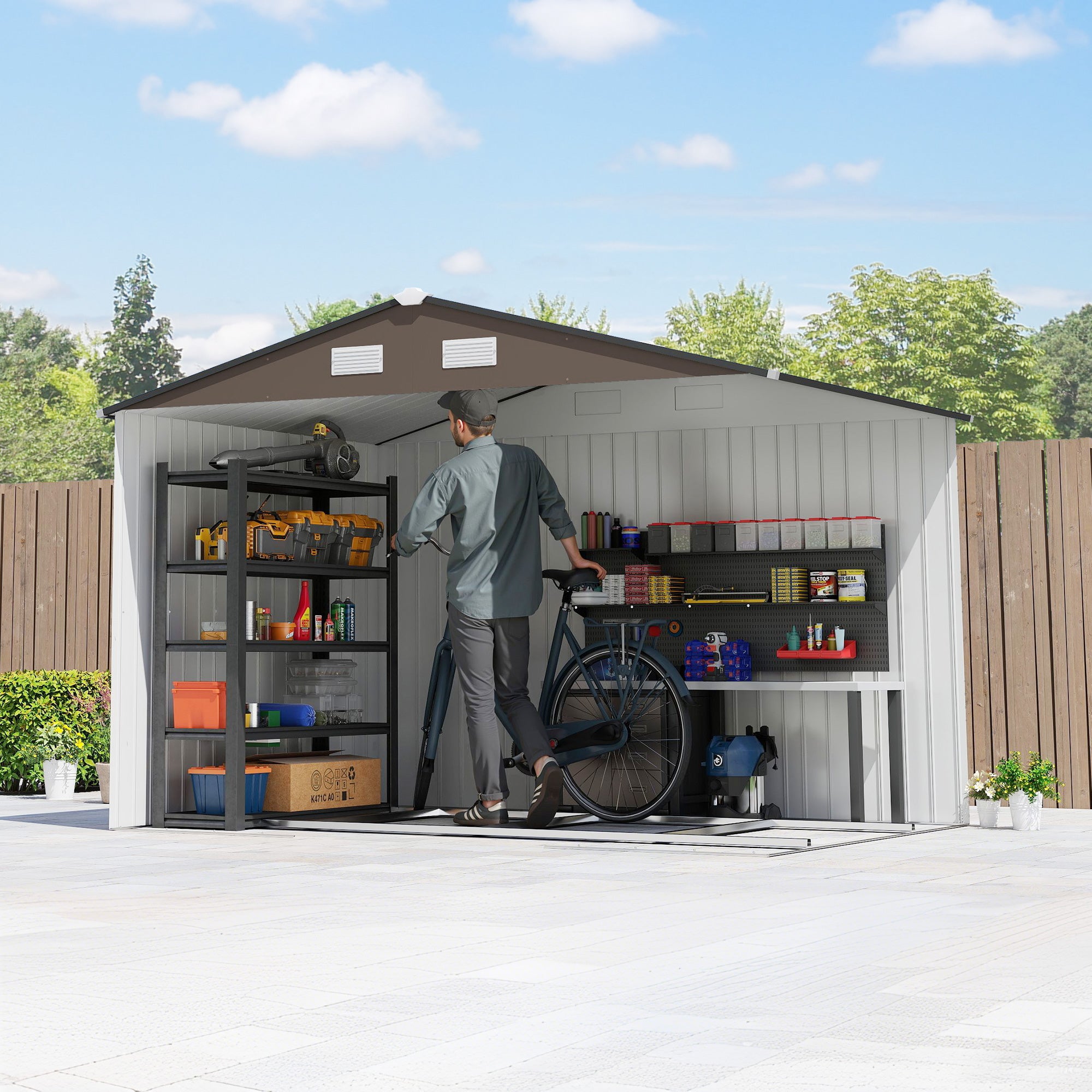 Abri de jardin - Outsunny - 5,4m² - kit de fondation, porte coulissante verrouillables 4 aérations - 277x195x192cm - marron - 9