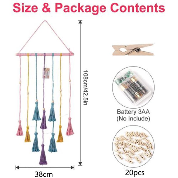 Decoração de parede para exposição de fotos, moldura em macramé boho, porta-fotos com luz e 20 clipes, presentes - 3