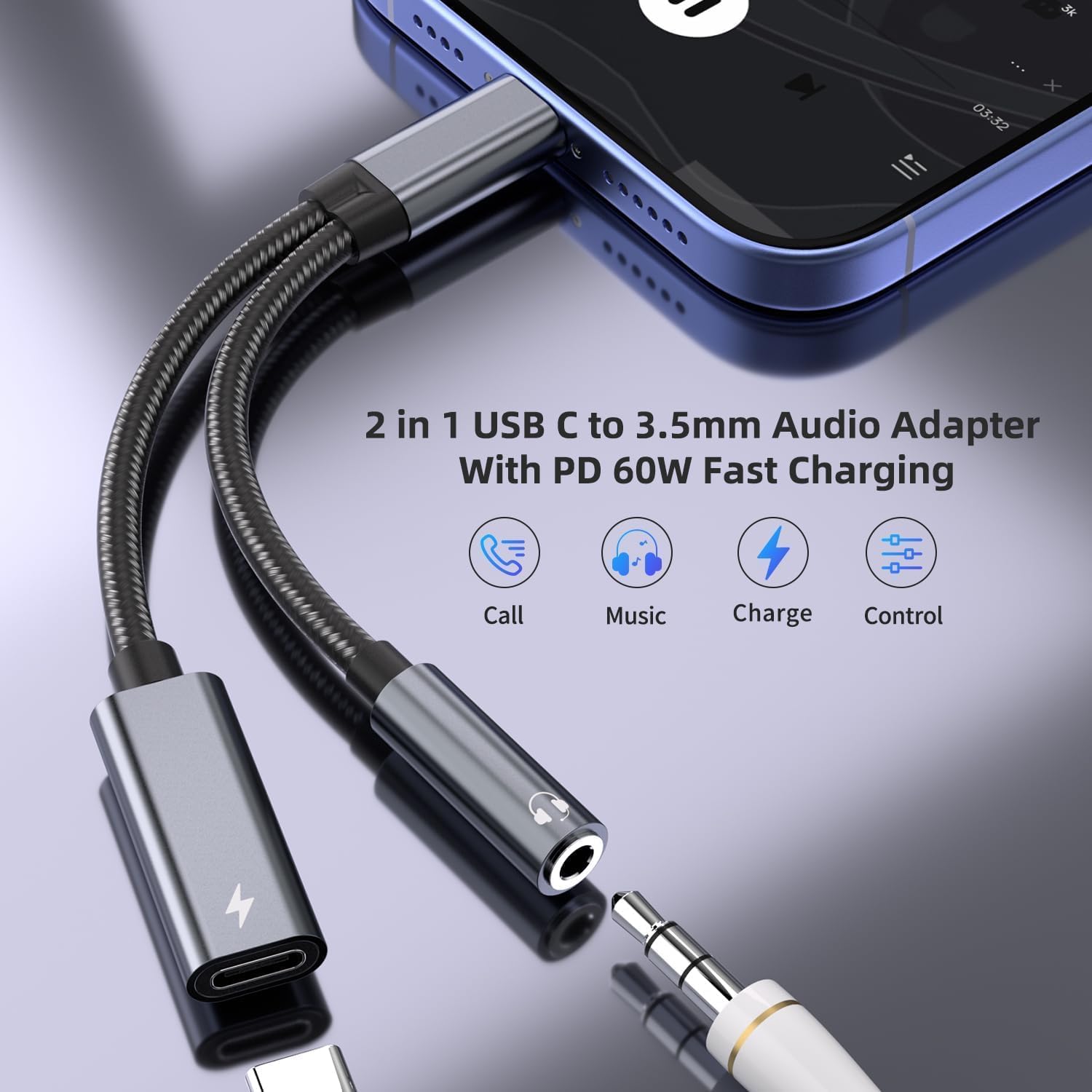 Esiposs Adattatore da USB C a jack da 3,5 mm, 2 in 1, adattatore jack USB C e microfono di ricarica, adattatore per cuffie USB C a AUX Hi-Res, adattatore audio per