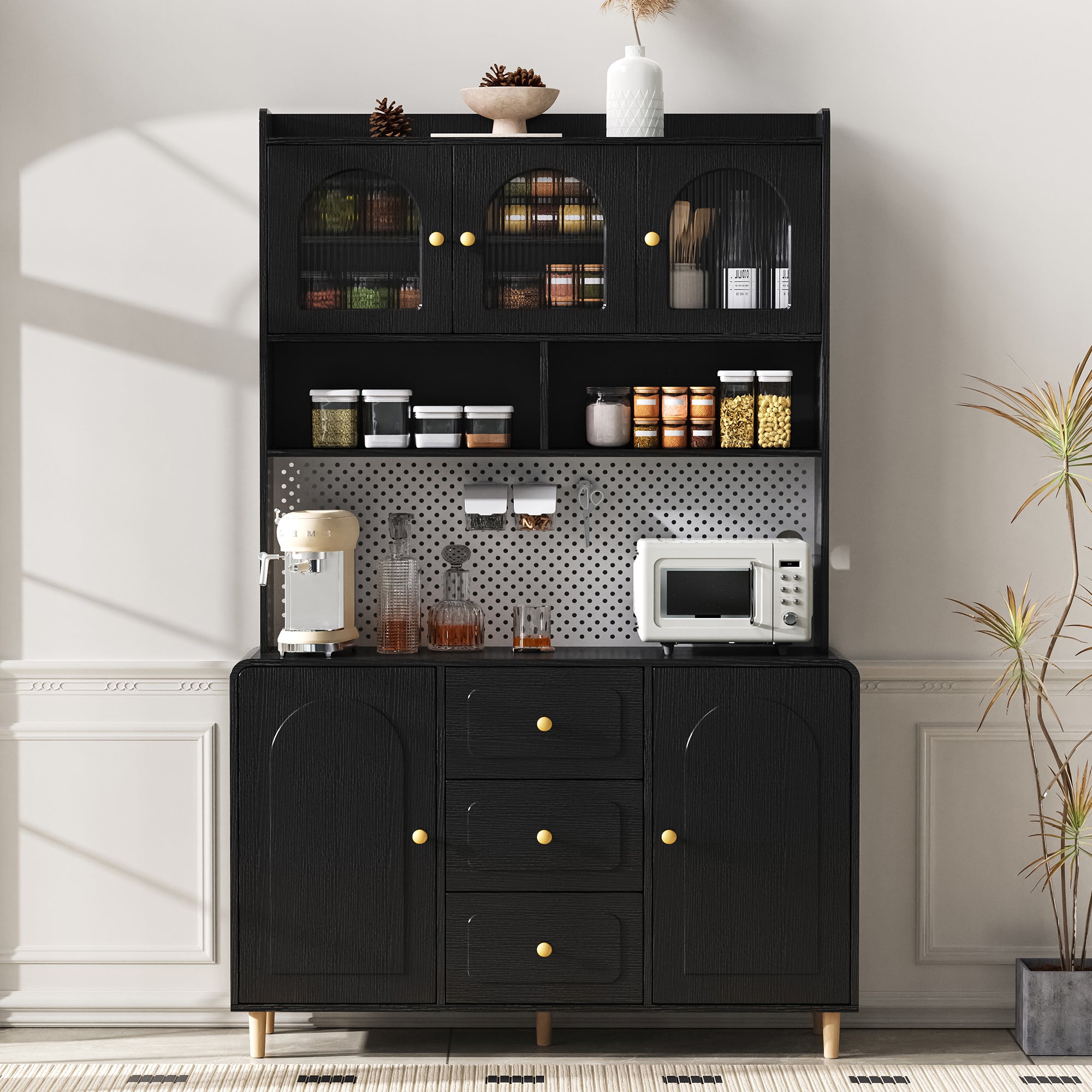 Modernluxe  Buffet De Cocina Moderno 140X40x190cm, Con Estantes Abiertos, Con 3 Cajones Y 5 Puertas, Negro , Leroy Merlin