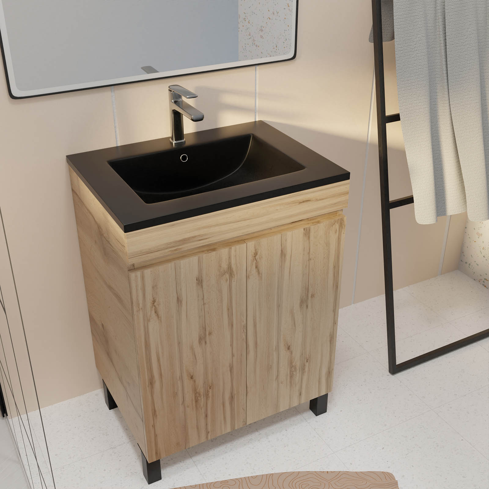 Meuble de salle de bains 60 cm 2 Portes Chêne Naturel + Vasque Céramique Noire - TIMBER - 5