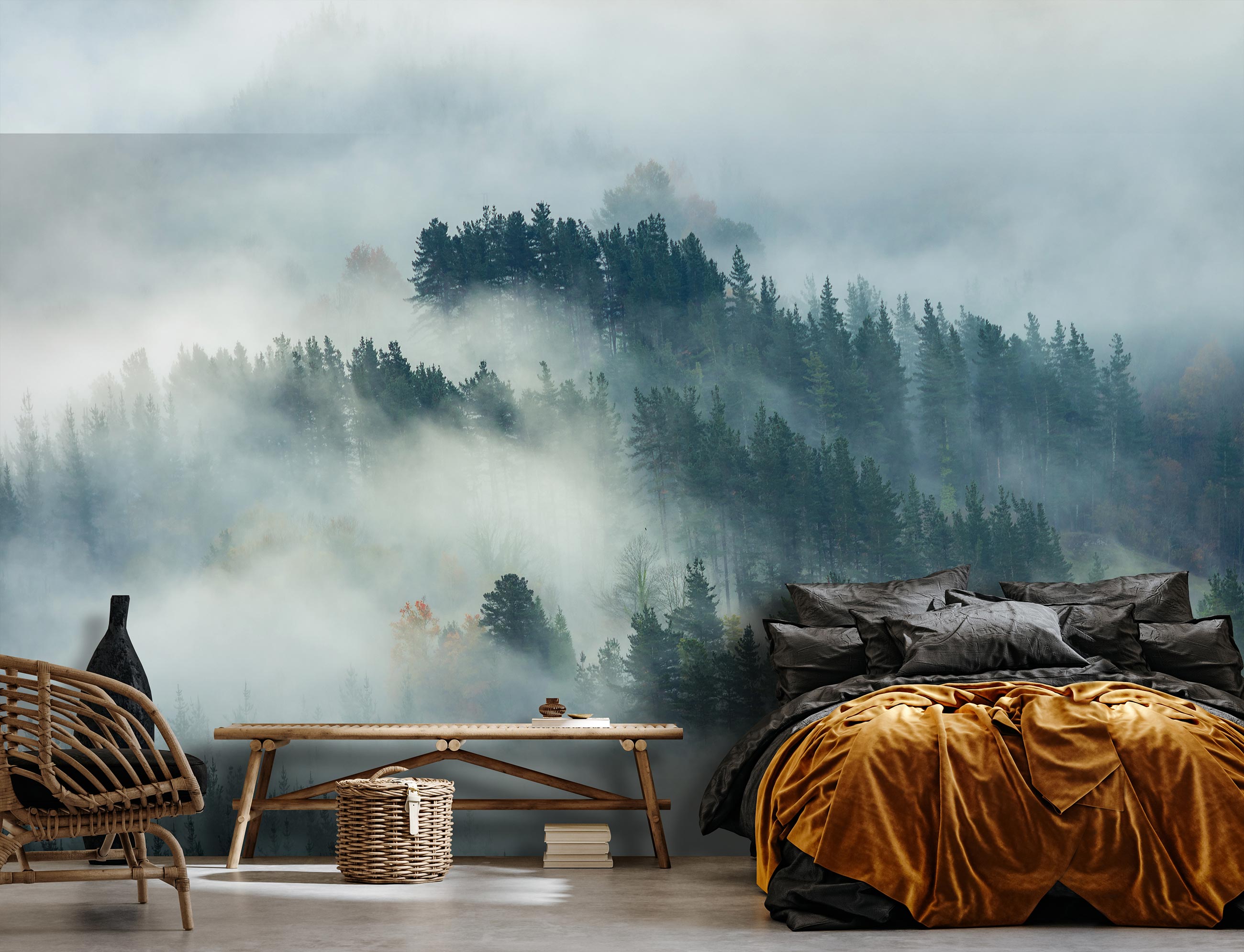 Papier Peint Intissé Panoramique Forêt Brume Nature Paysage 416x254 cm - Colle Inclus - Chambre et Salon - Moderne Trompe l'oeil - 2