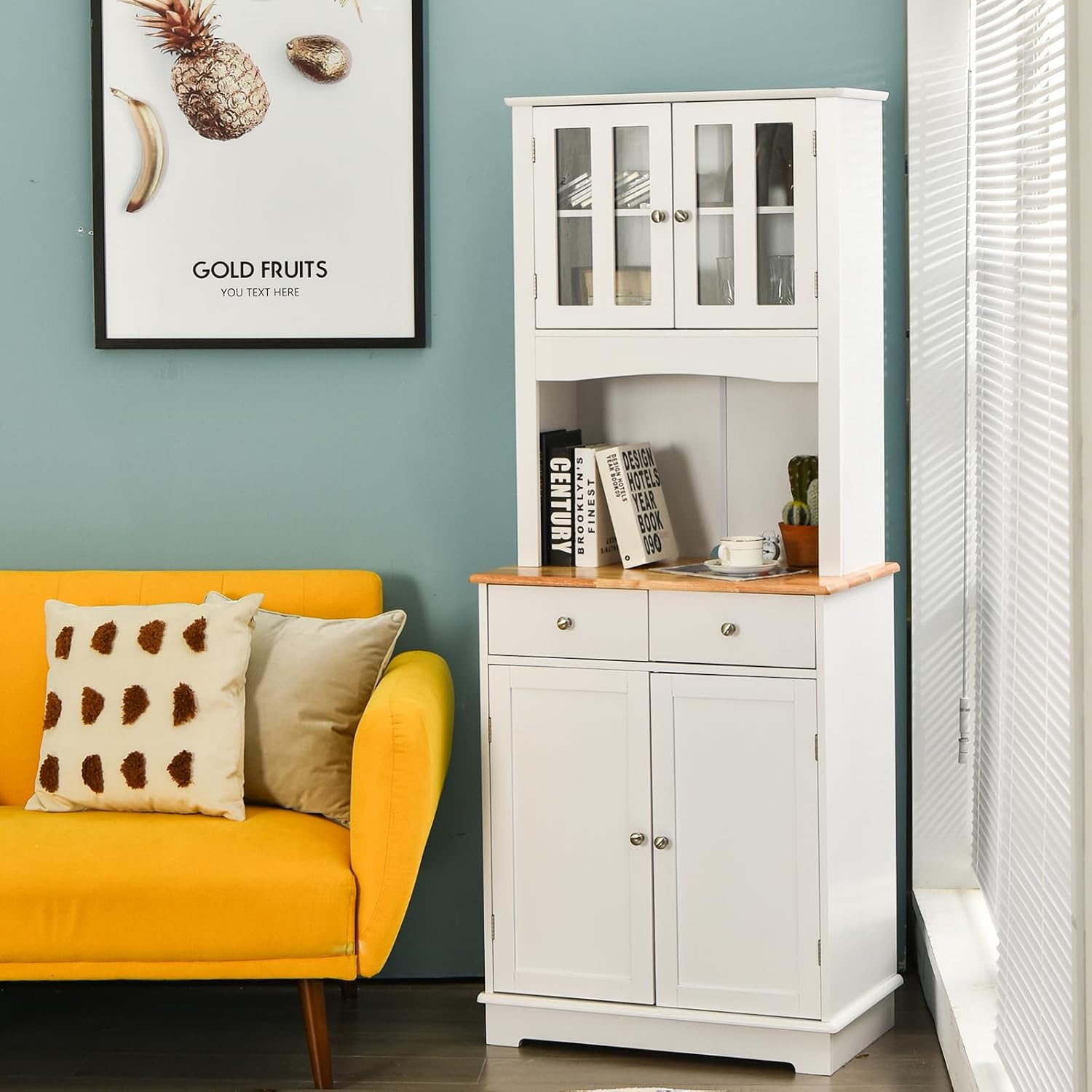 Mobile dispensa da cucina autoportante, Buffet con Piano in Legno, Credenza e 2 Cassetti, Ripiani Regolabili, Armadietto con Ante in Vetro, Sp - 9