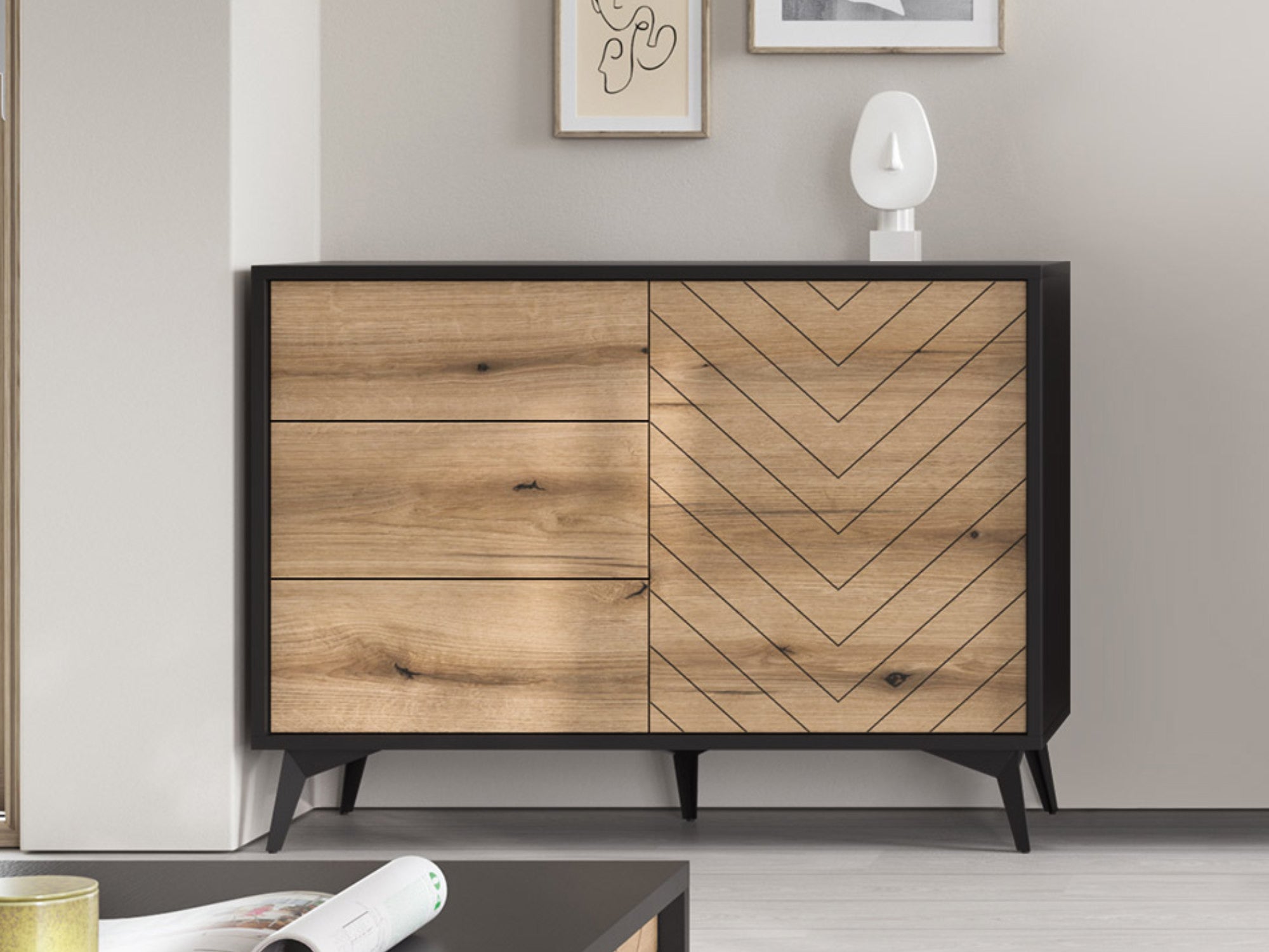 Buffet INDUS Mélaminé chêne et noir - 4 portes + 3 tiroirs - Style industriel - L 206 x P 45 x H 83,5 cm STONE - Maison