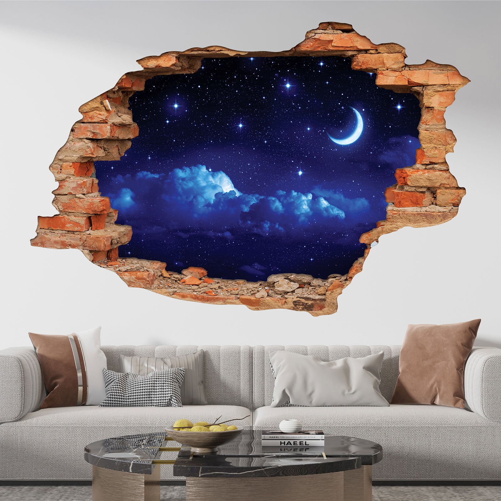 Stickers Trompe l'oeil trou dans le mur - Ciel Nuit - Pierres grises - Hauteur 60 x Largeur 90 cm - 4