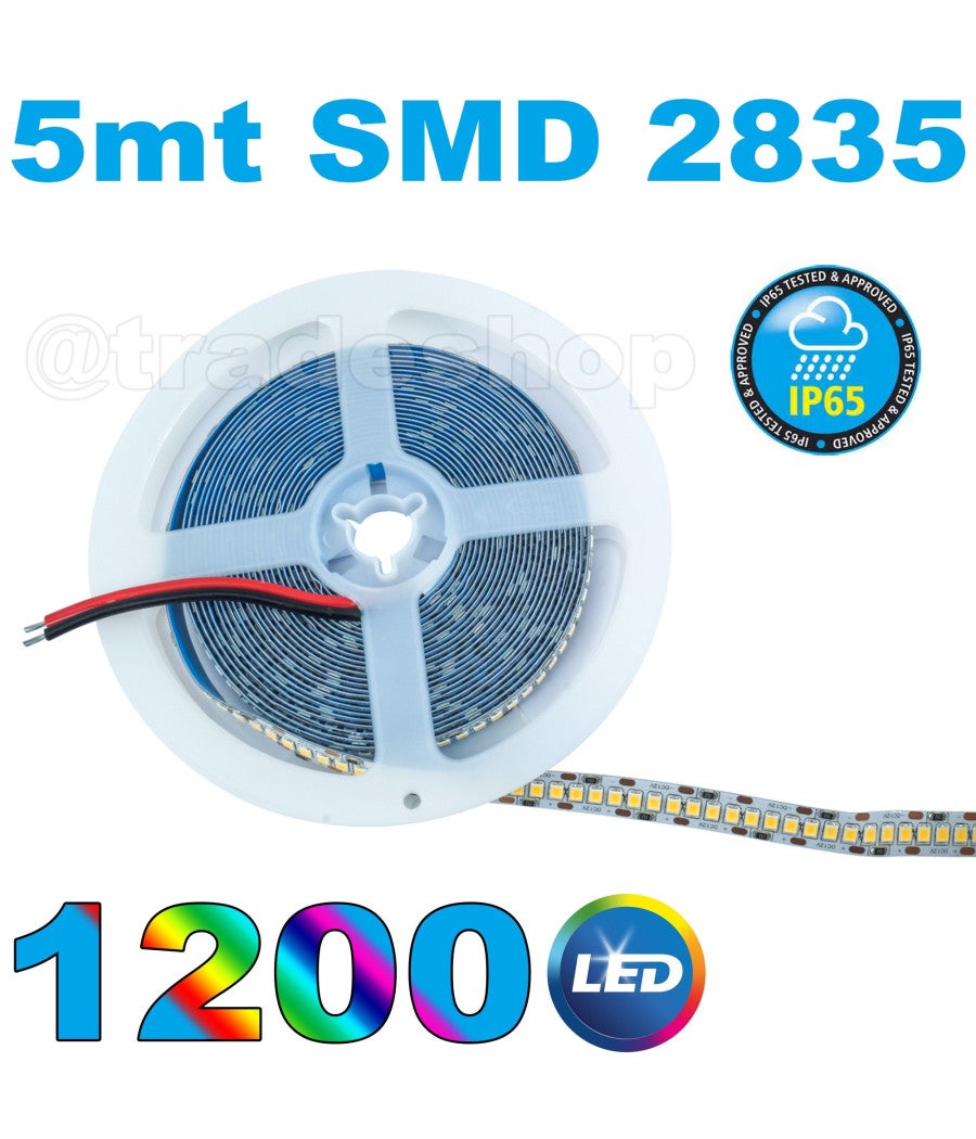 Trade Shop - Striscia Led 5mt 1200 Led 2835 Ip65 Interni Esterno Luce Calda Naturale Fredda - Bianco Freddo - - 2