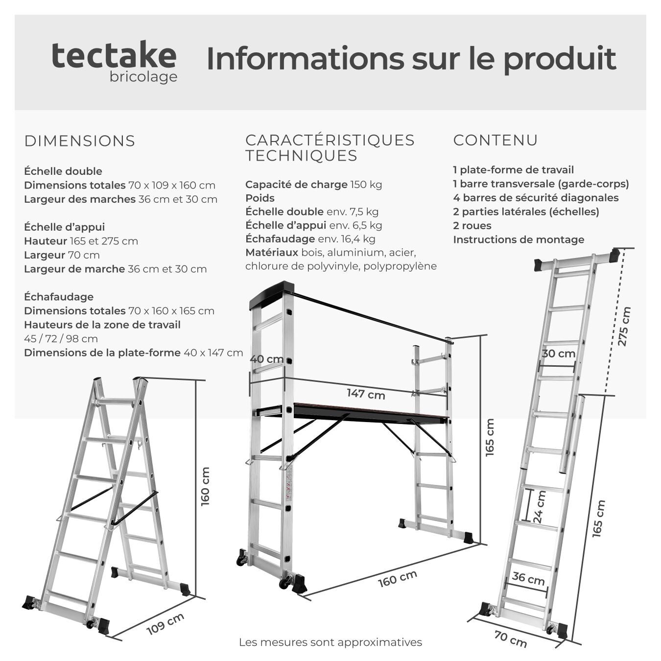 Échafaudage multifonctionnel en aluminium grande surface de travail facile à déplacer 160 x 70 x 109 cm argent TECTAKE - 6