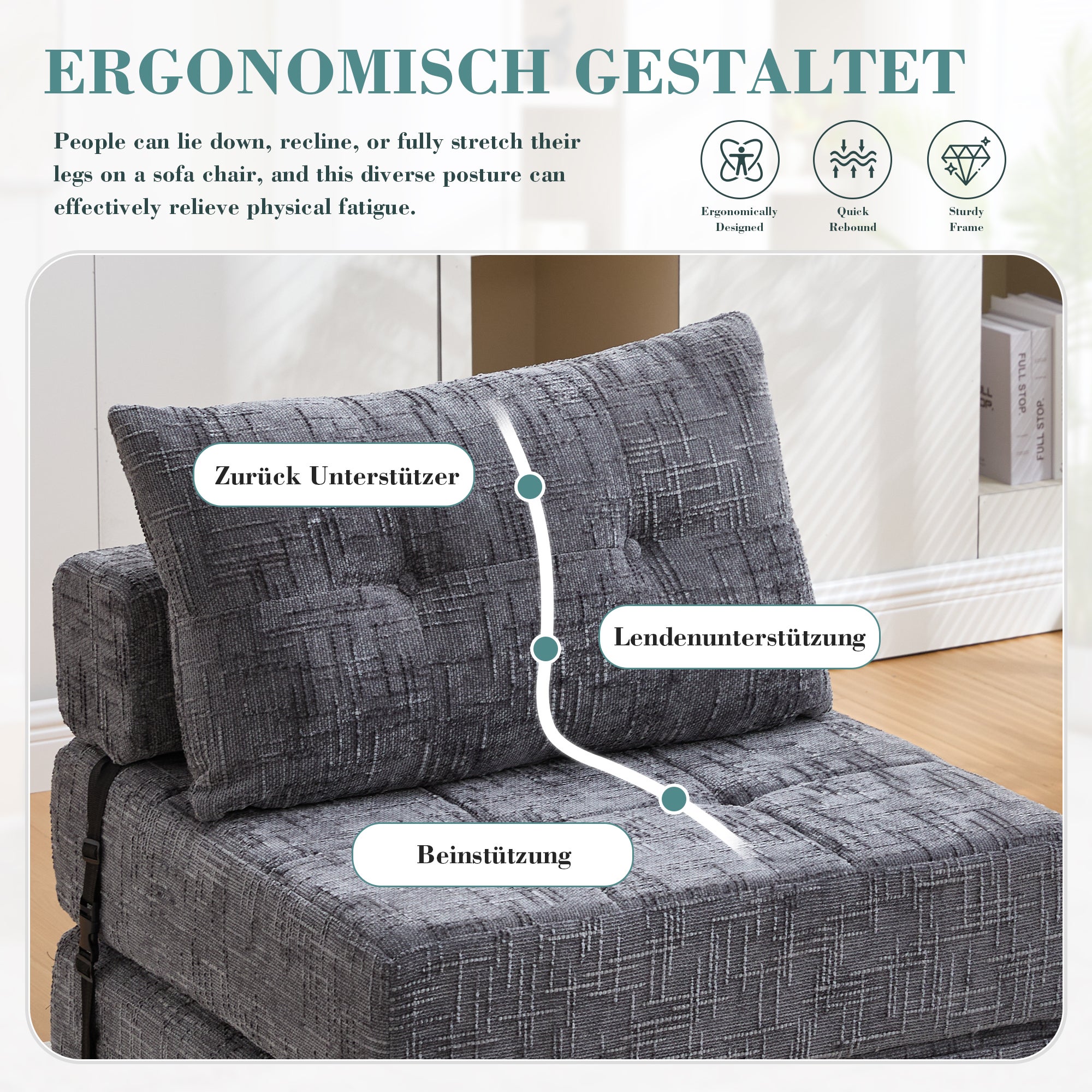 Canapé-lit pliable, canapé-lit avec coussins, matelas pliable avec dossier, canapé pliant portable, canapé de sol confortable pour salon et chambre - 5