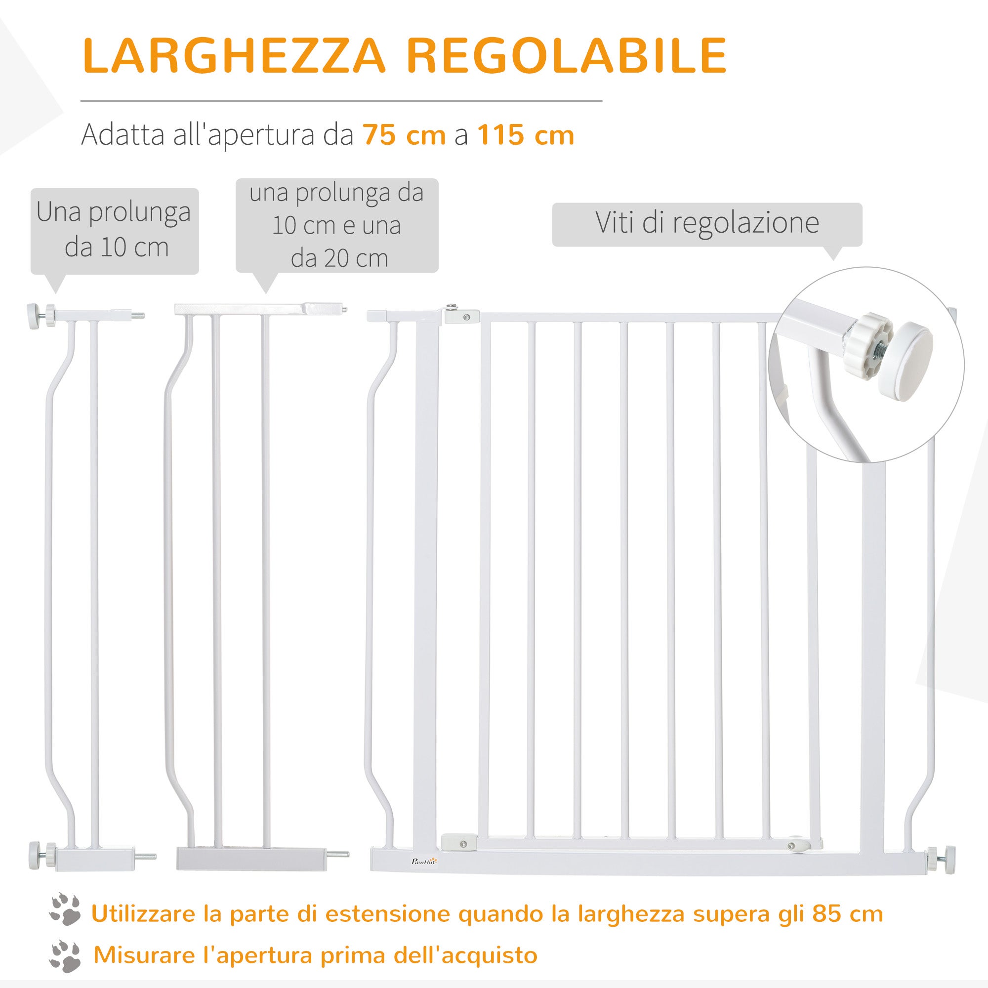 PawHut Cancelletto di Sicurezza per Cani in Acciaio e ABS, Estensibile 75-115cm per Scale e Porte, Bianco - 5