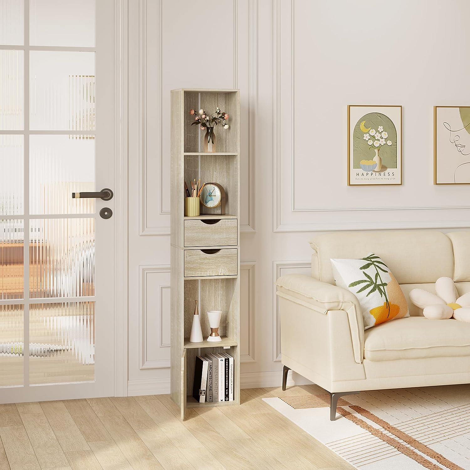 WOLTU Bibliothèque Étagère.Colonne avec 3 Compartiments Ouverts.2 Tiroirs et 1 Casier.30x24x158cm.Chêne Clair - 2