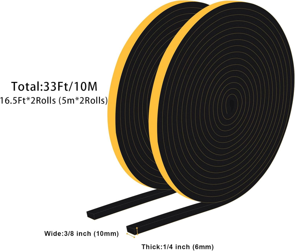 rollos de cinta adhesiva impermeable para puertas y ventanas - Cinta de espuma de alta densidad - 10 mm (ancho) x 6 mm (grosor) - 5 m de largo - 4