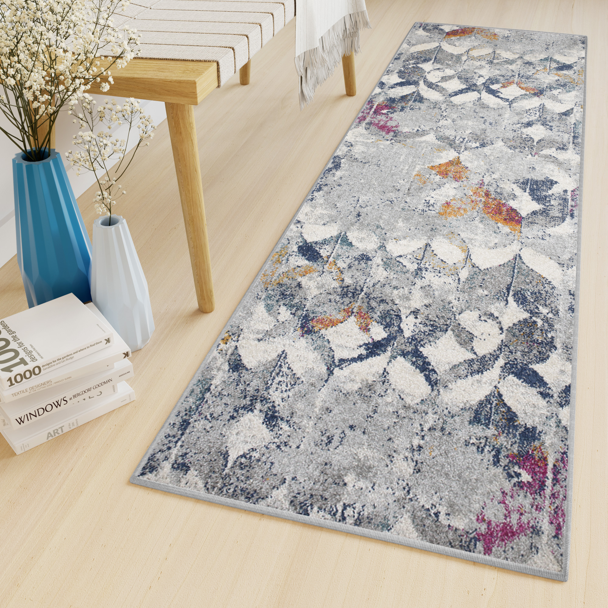 Tapiso lazur alfombra de pasillo corredor moderna gris crema azul naranja rosa abstracta 70 x 270 cm