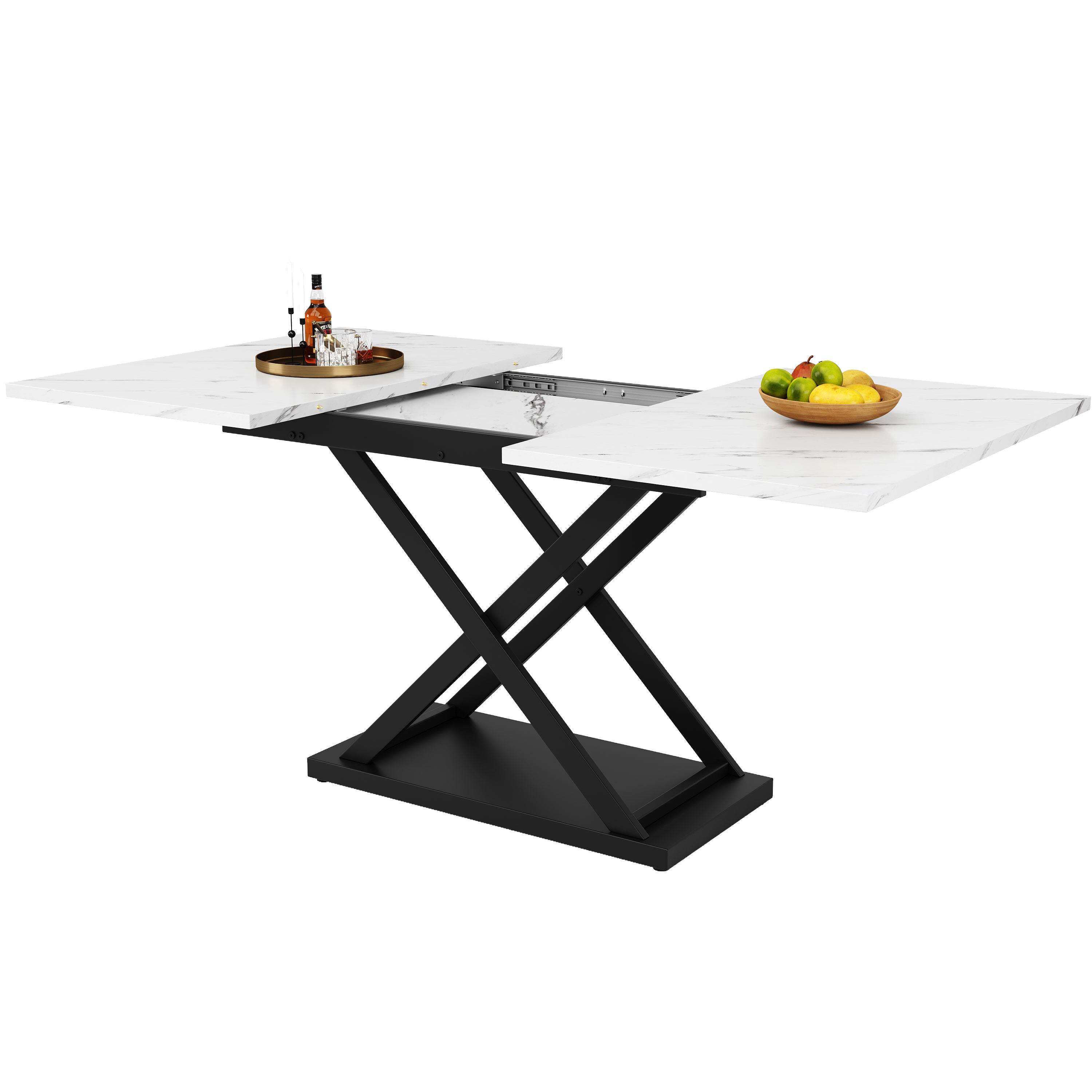 Rozkładany stół jadalny dla 4-6 osób - 120/160 x 80 x 75 cm - Nogi z płyty MDF i metalu - Blat imitujący marmur - Kolor biały - 7