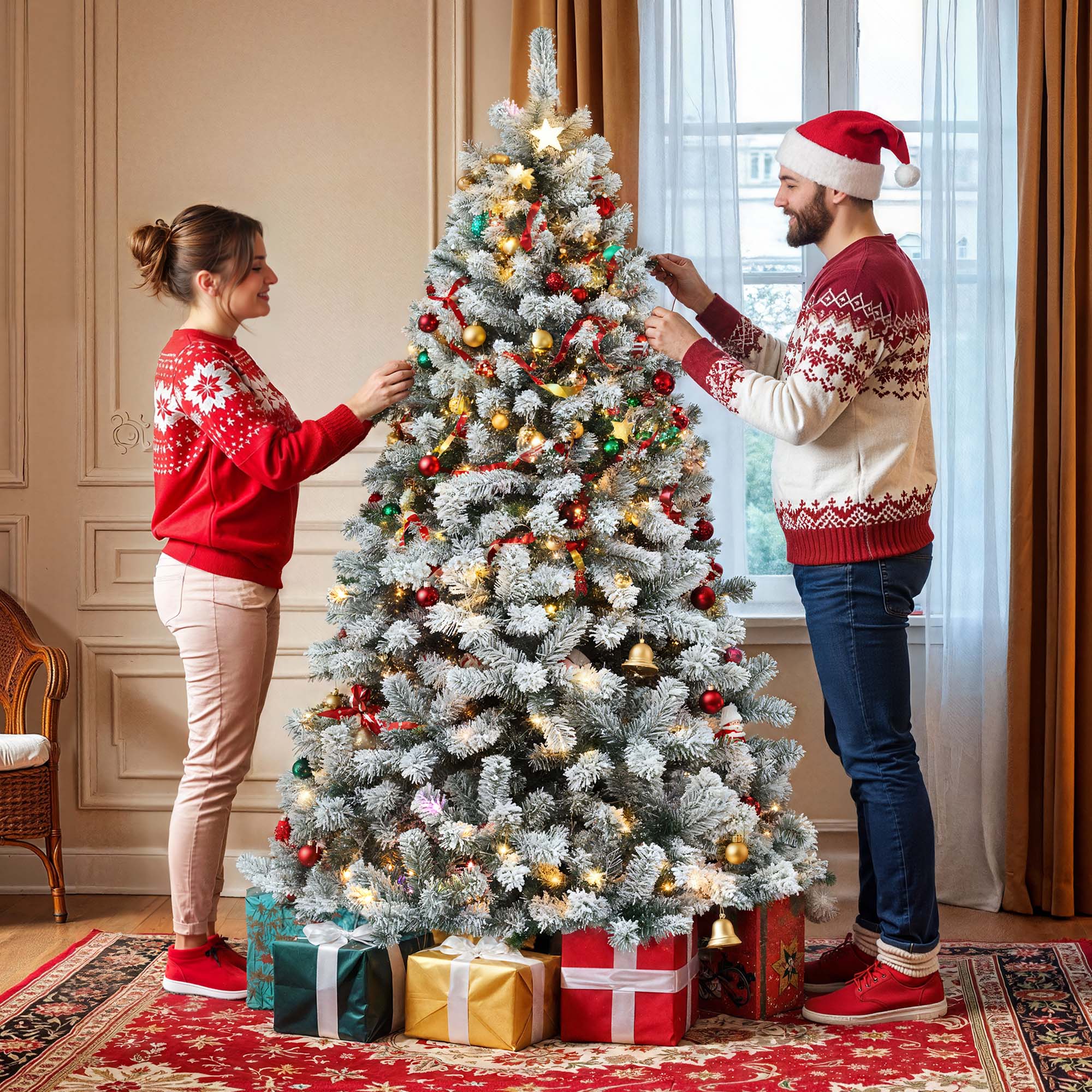 Sapin de Noël Artificiel 225cm à Flocons de Neige Balconera 550 LED, 1346 Branches, avec Support en Métal Pliable, Décoration de Fête - 3