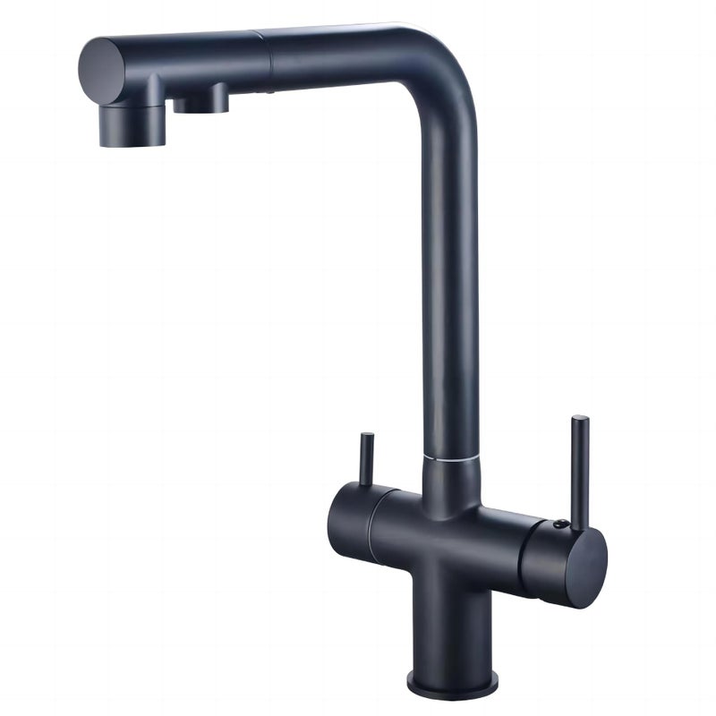 Trójdrożna bateria kuchenna z wyciąganą wylewką, obrotowa 360° bateria kuchenna, kran z filtrowanym wylotem wody (czarna)