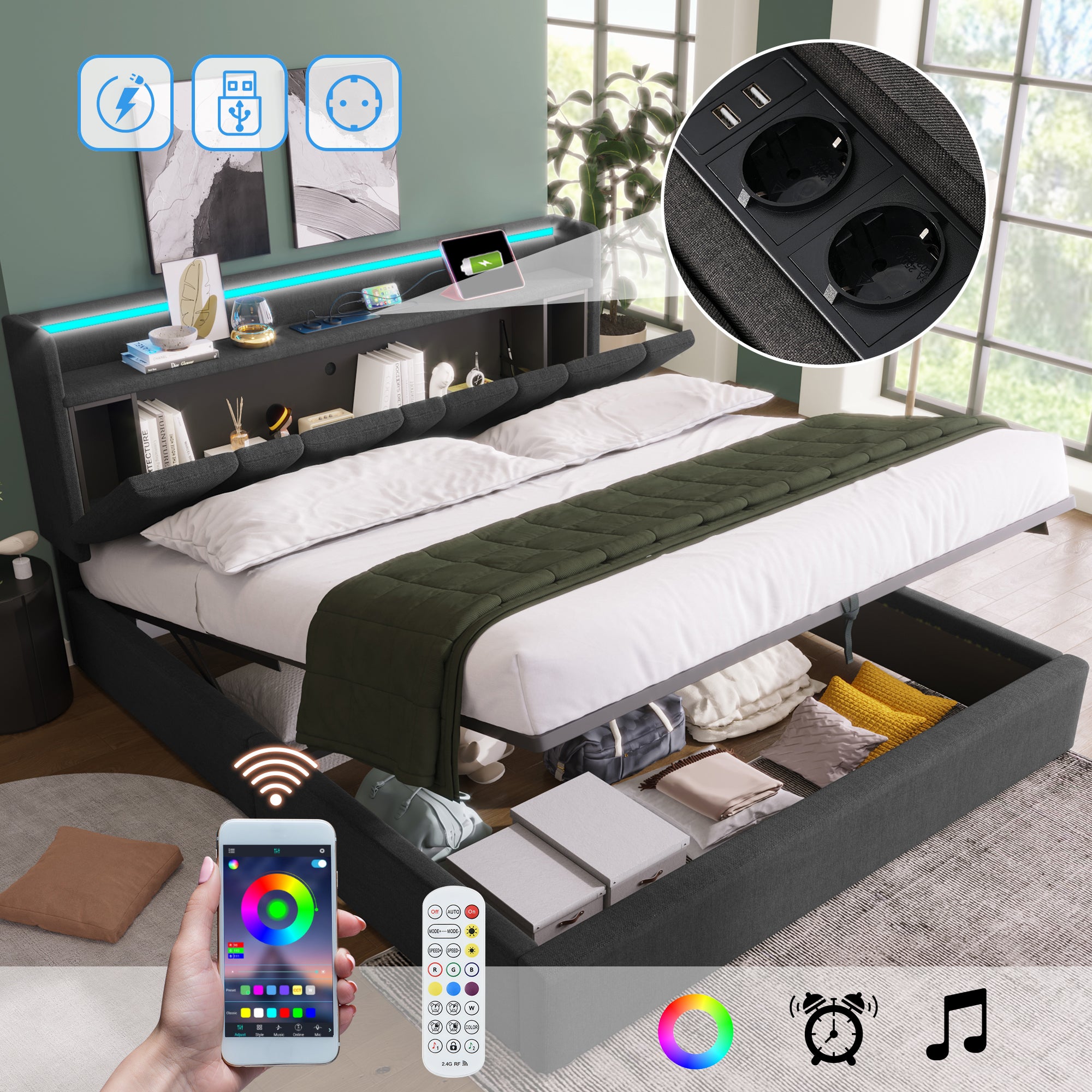 Lit double rembourré avec fonction de charge USB, tête de lit de rangement et éclairage LED, lit double 160x200cm lits de rangement cadre de lit, so - 4