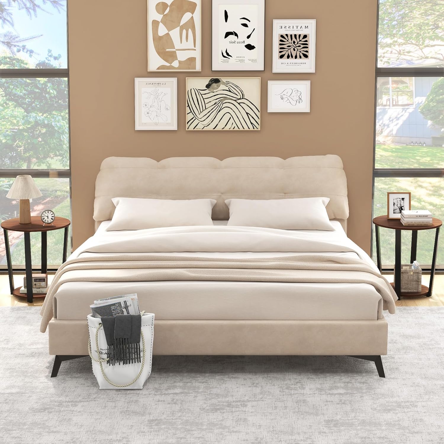 Tavolino Rotondo, Tavolino Laterale a 2 Ripiani con Mensola Aperta, Tavolino da Divano con Struttura in Metallo per Soggiorno, Camera da Letto - 9