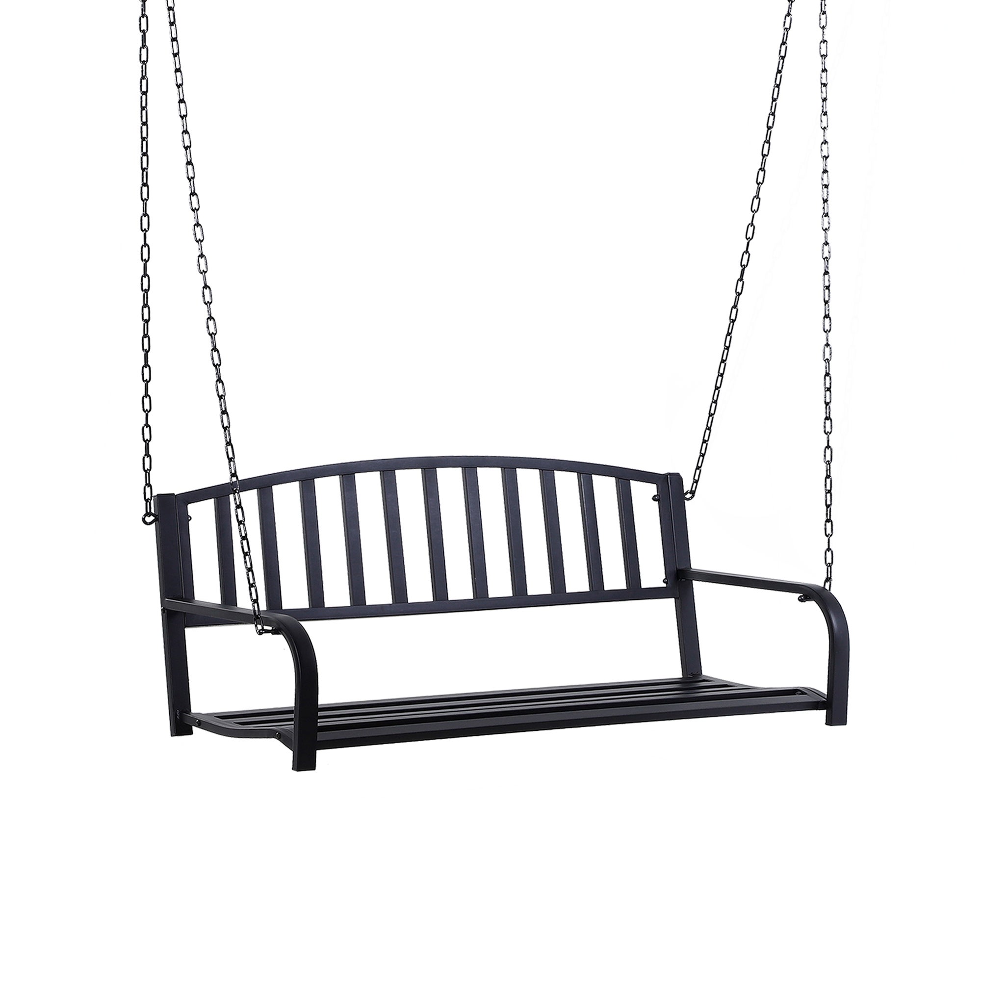 Elegancka i solidna 2-osobowa czarna metalowa ławka wisząca Hollywood do ogrodu i na taras o wymiarach 127 x 60 x 53 cm