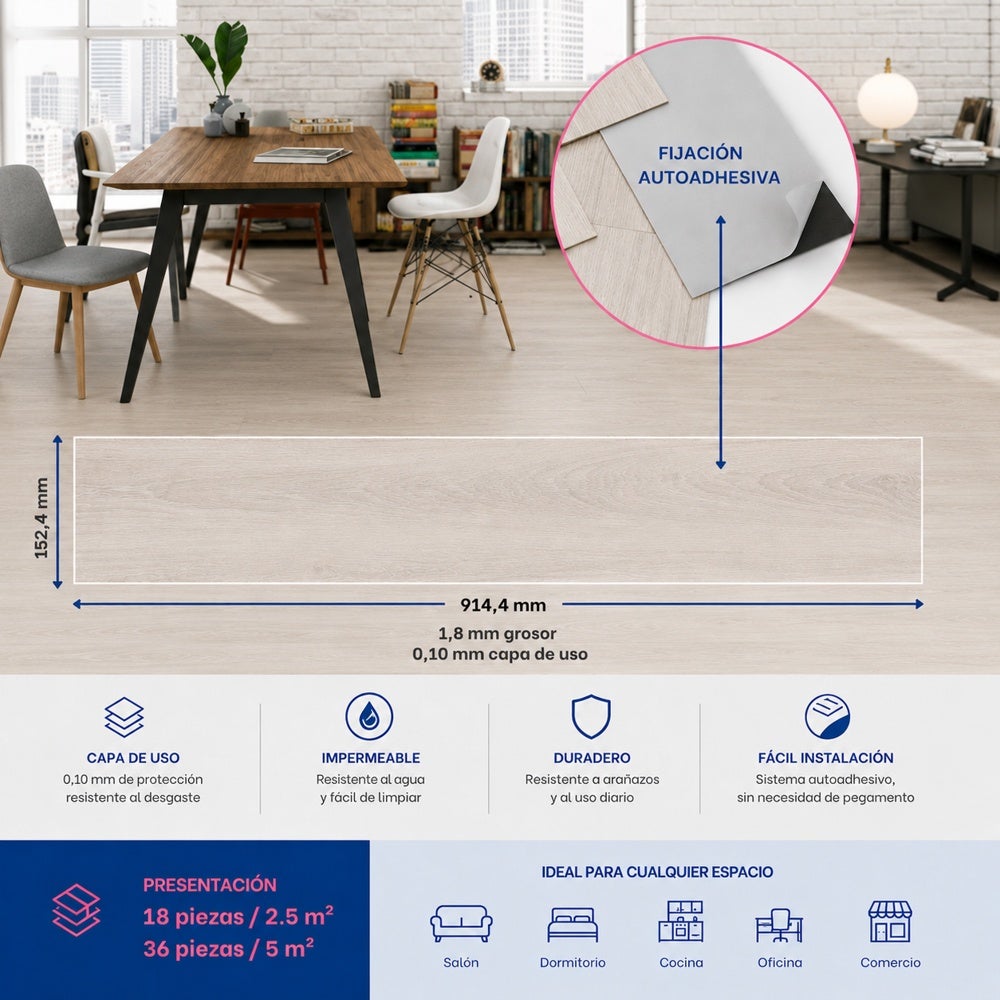 Arquiservi® - Piso Vinílico Autoadesivo em PVC Carvalho Natural 25 m² - Para residências e empresas | Impermeável | Fácil Instalação | 2 mm - 4