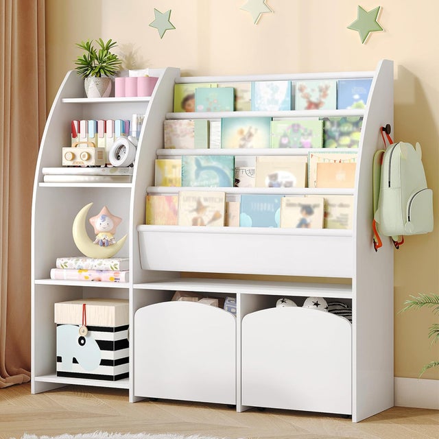 105cm estanteria Infantil con Revistero, 2 Columnas y 4 Baldas, Organizador de Juguetes, Almacenamiento con Caja, 30 x 105 x 100 cm, Blanco