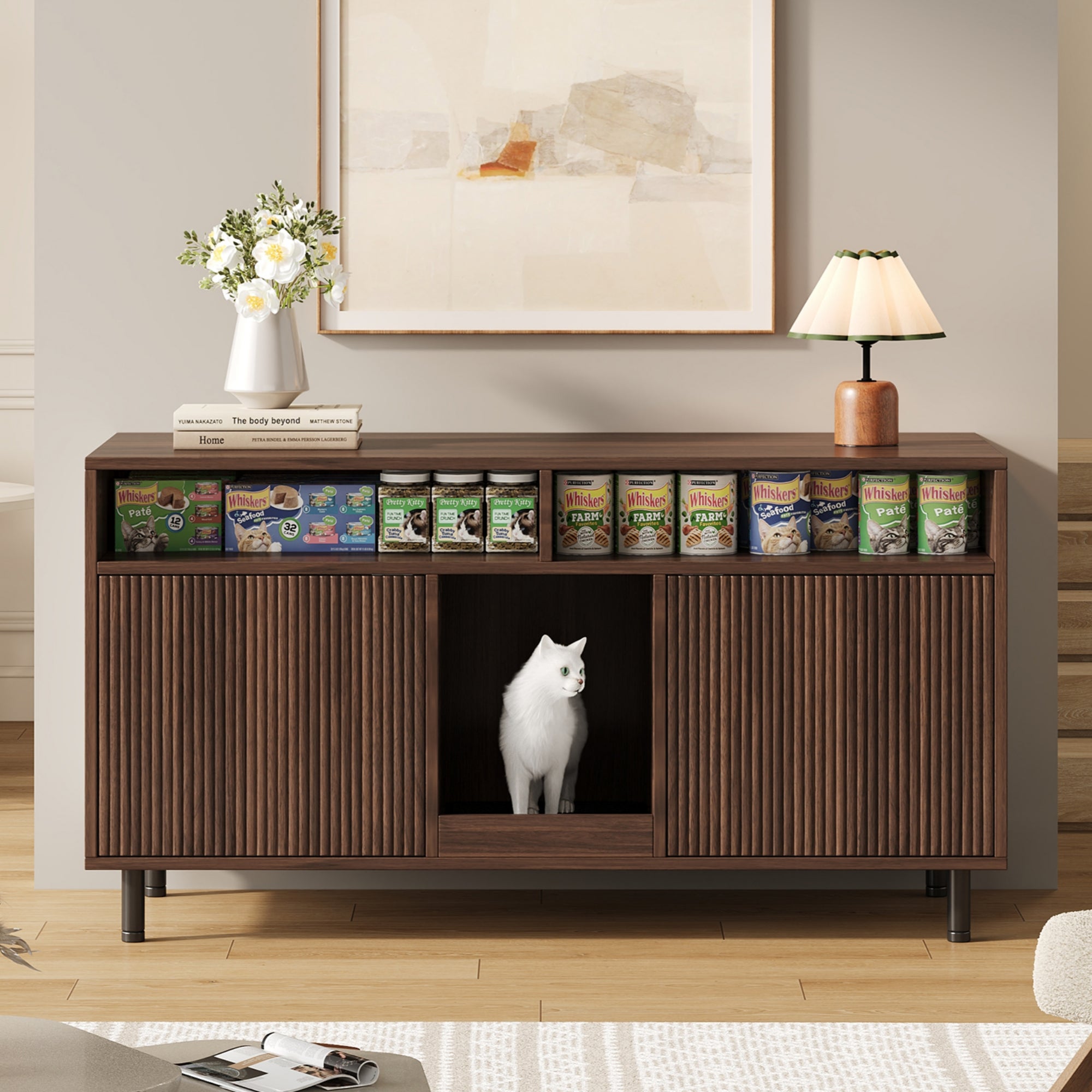 Meuble Litiere Chat avec 2 portes et 2 tiroirs, buffet - 120 x 50 x 66 cm - MDF - Noyer - 4