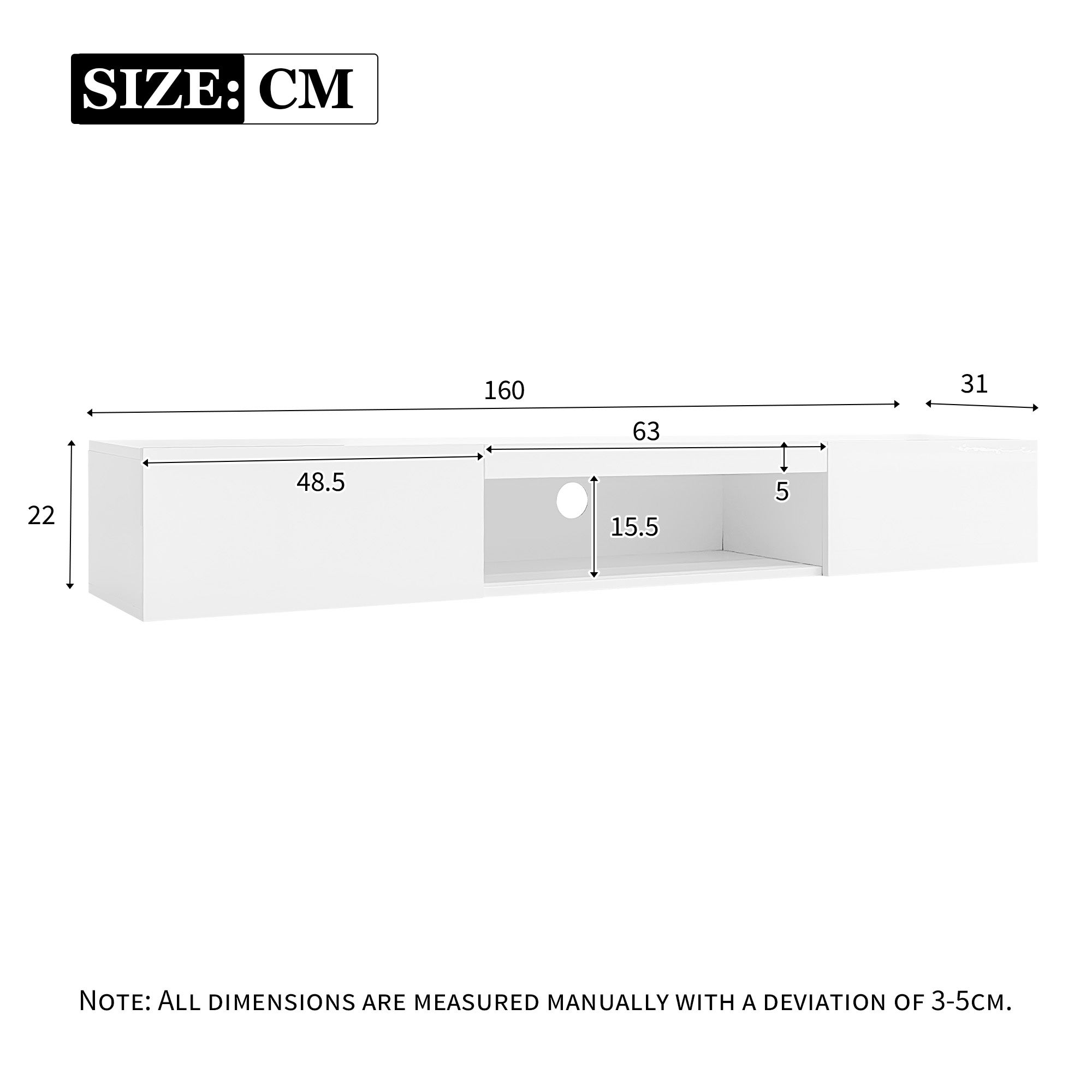 Meuble TV suspendu avec 2 portes et compartiment ouvert - 160 x 31 x 22 cm - LEDs - Panneau de particules - Blanc brillant - 3