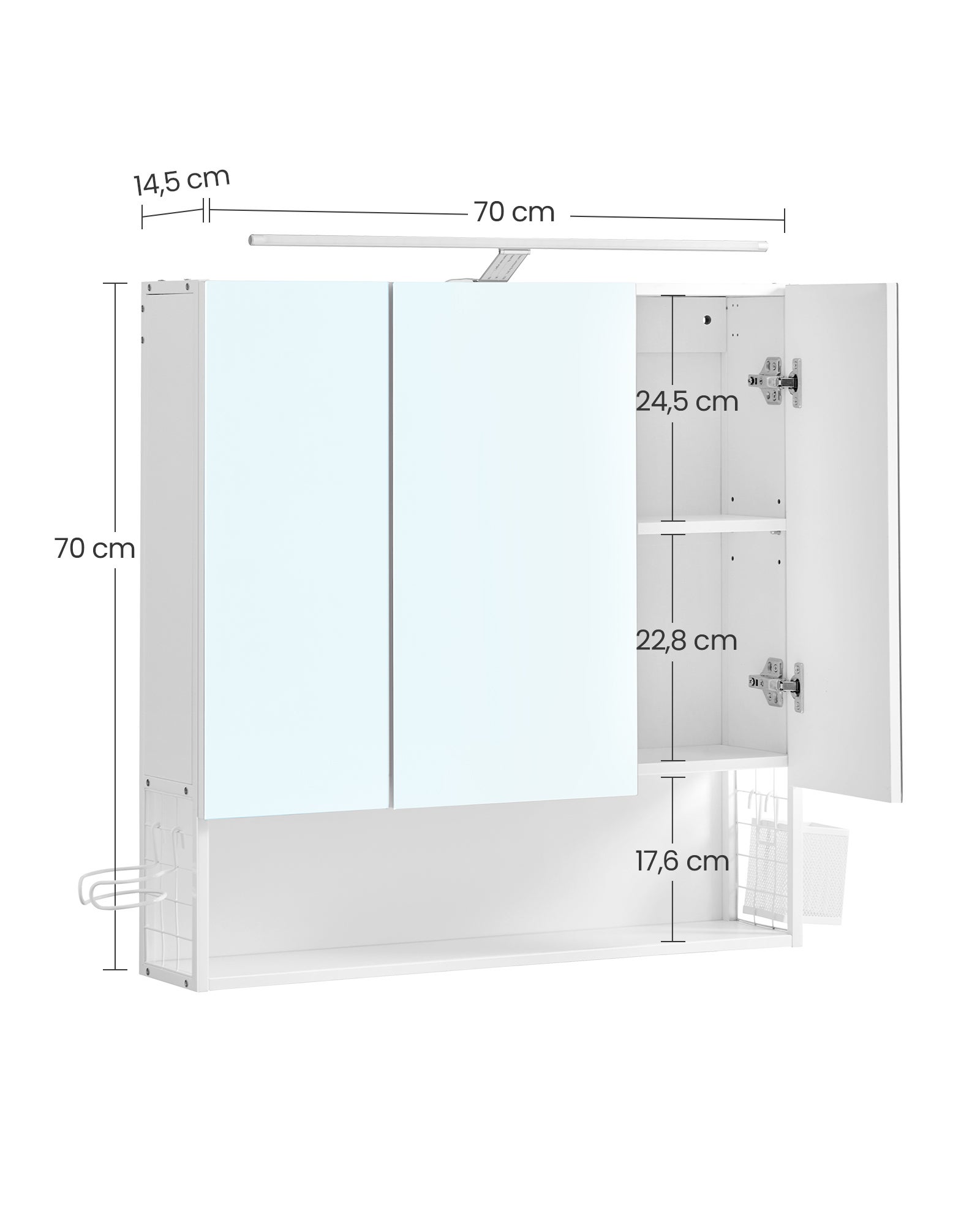 Armoire Murale avec Miroir, avec Lampe LED, avec Câble, Placard 3 Portes, Étagère Réglable, Porte Sèche-Cheveux, Pot, Moderne Chic, Blanc - 3