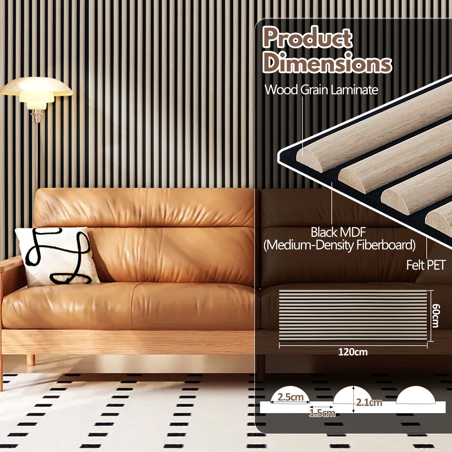 Lote de 4 paneles acústicos semicirculares para pared listones MDF madera moderna 120 x 60 x 2,1 cm - Panel MDF madera roble - 2