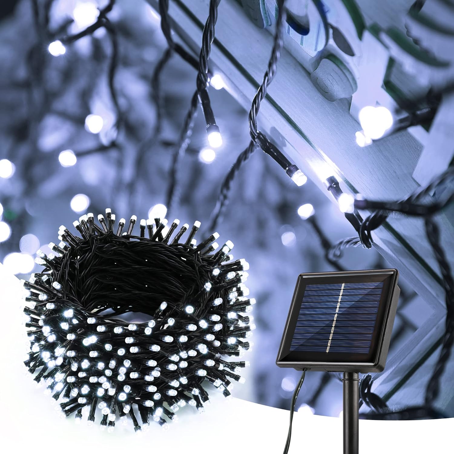 Lampki solarne zewnętrzne, 32 m, 300 diod LED, wodoodporne, idealne do ogrodów i tarasów, chłodna biel