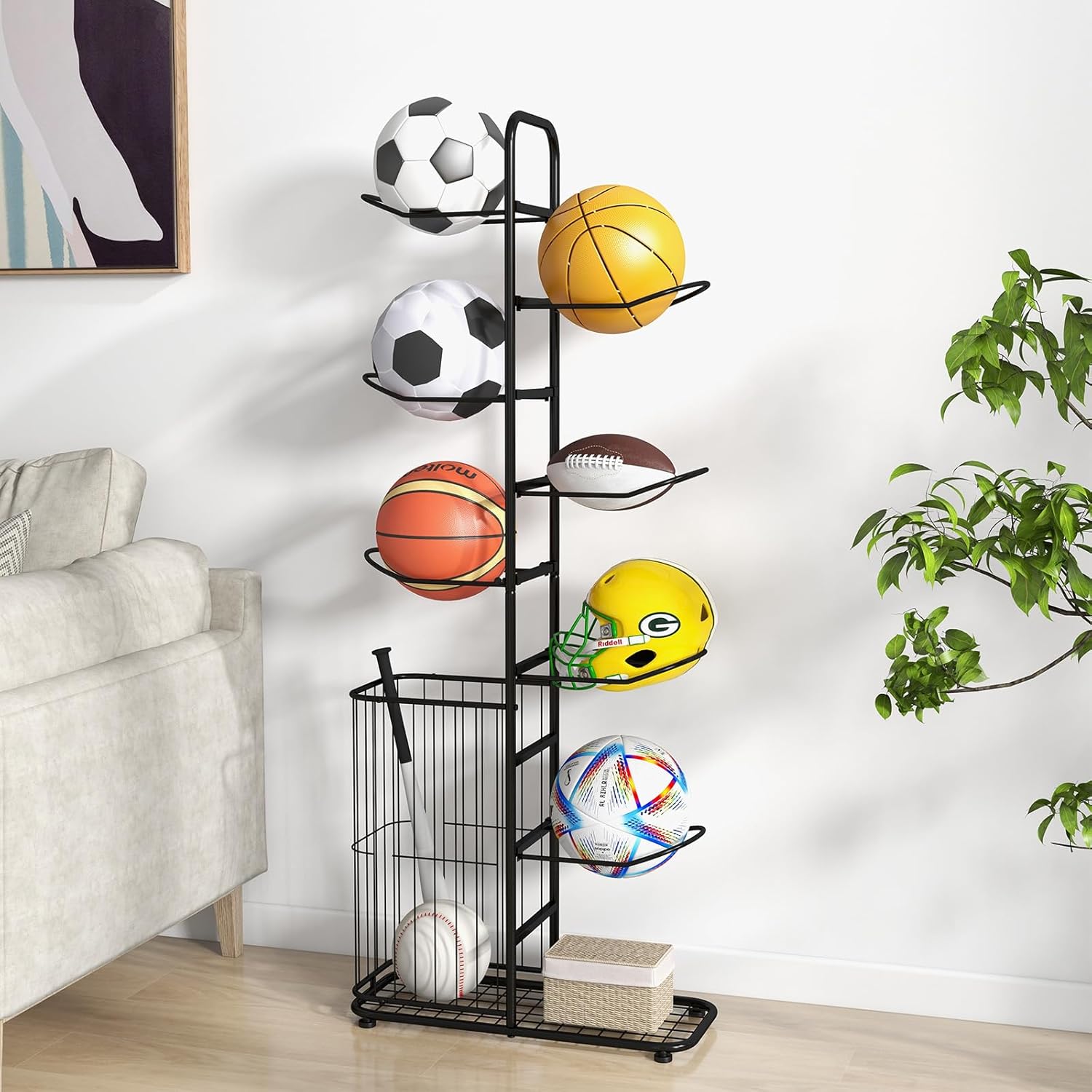 Rack de Arrumação de 7 Níveis, Organizador de Equipamento Desportivo com Cesto, Hastes para Pendurar, para Bolas de Futebol, Bolas de Rugby, Bolas de - 2