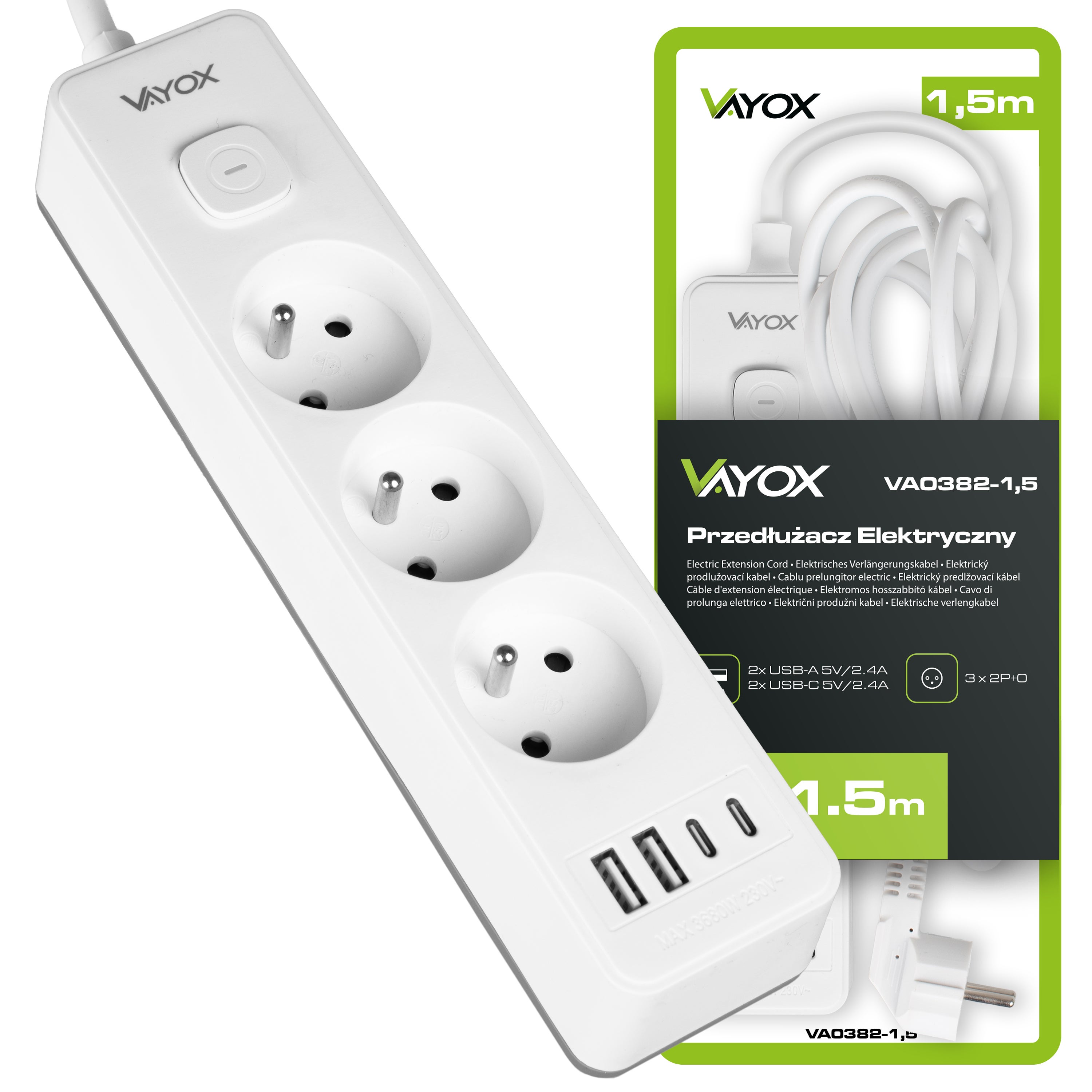Przedłużacz 1,5M 3 gniazda 16A + 2x USB-A + 2x USB-C VA0382-1,5 Vayox