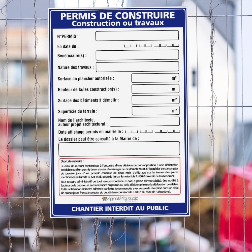 Panneau permis de construire, construction ou travaux + marqueur noir - Avec oeillets - 3