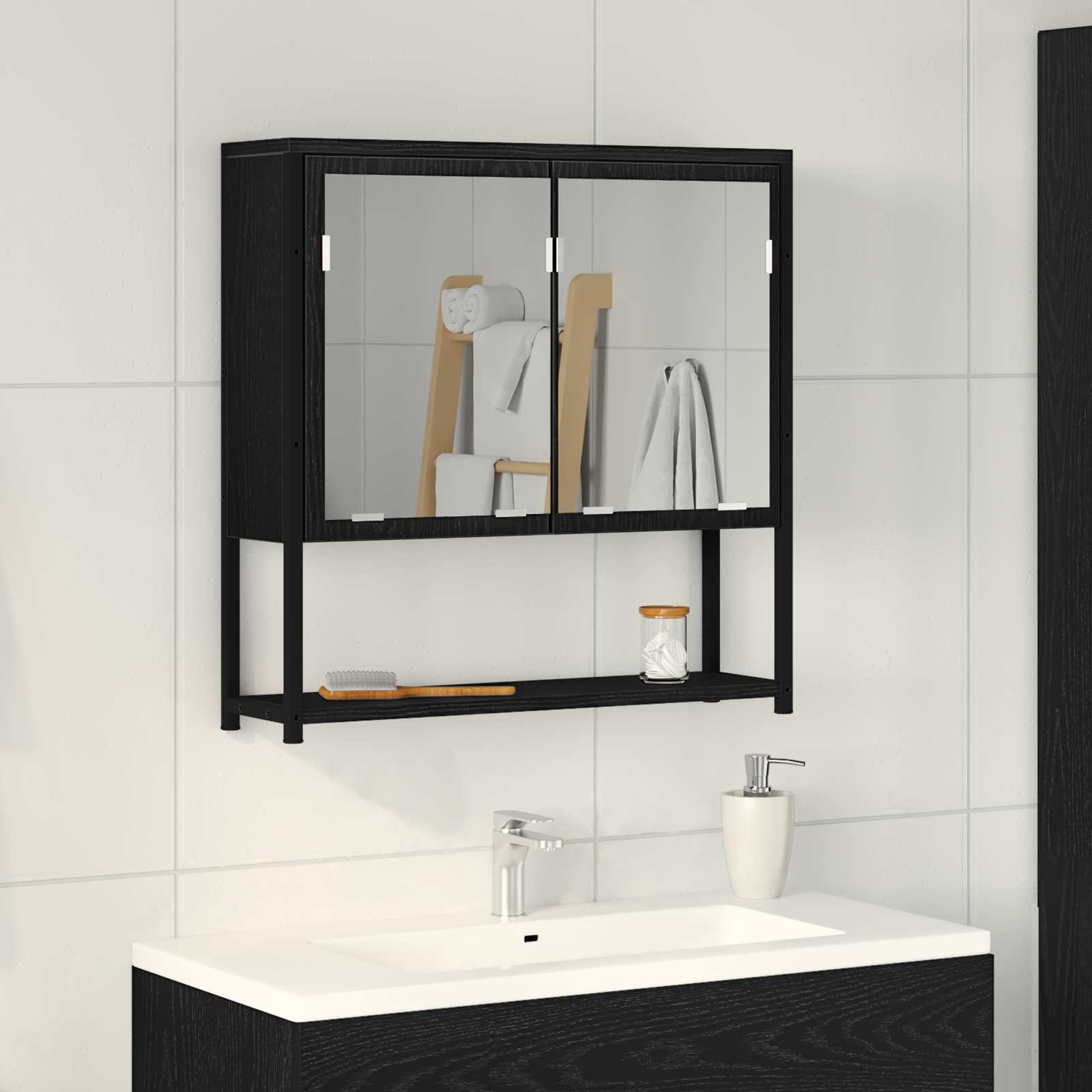 Generic Armoire de salle de bain noire avec miroir - 60 x 16 x 60 cm - Meubles en bois d'ingénierie - Armoire de rangement - Meuble de rangement - Meuble de toilette - 7,3 kg