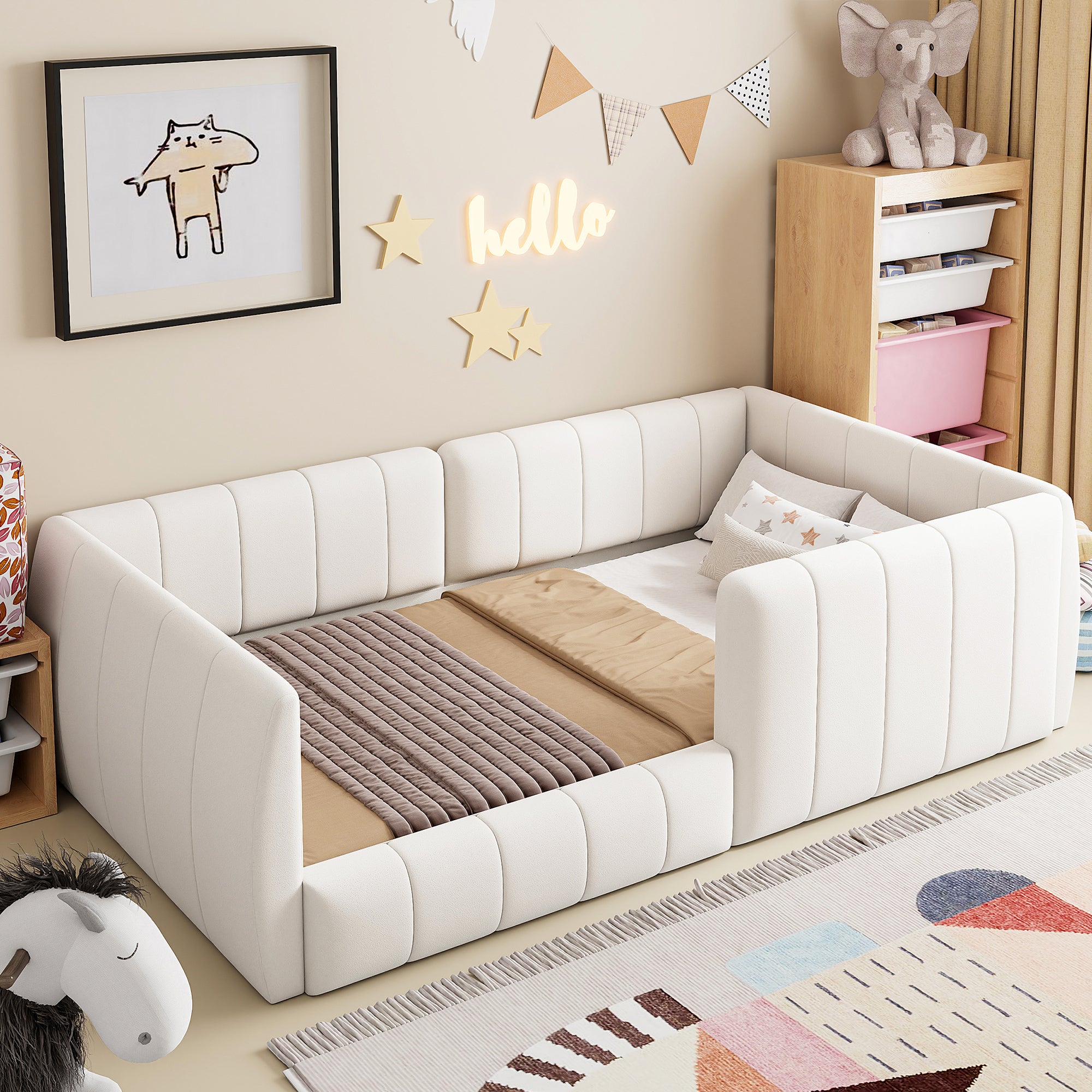 Łóżko tapicerowane 90 x 200 cm z wyściełanym zagłówkiem - rama MDF i tkanina lniana - 12 listew - beżowe - 2