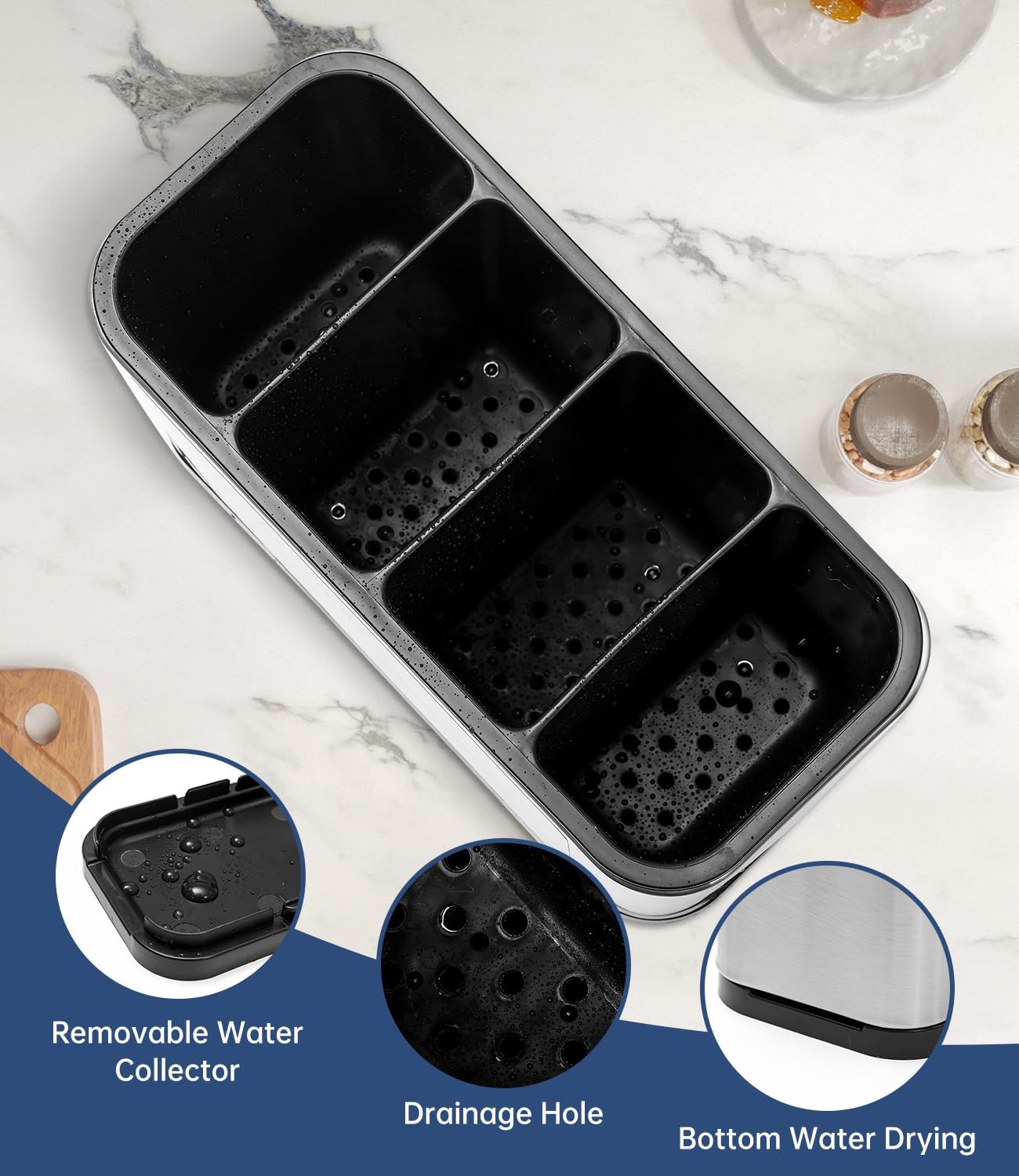 Range-couverts 4 compartiments, support de rangement pour cuisine, support de rangement pour couverts, plateau à couverts antidérapant en acier - 3