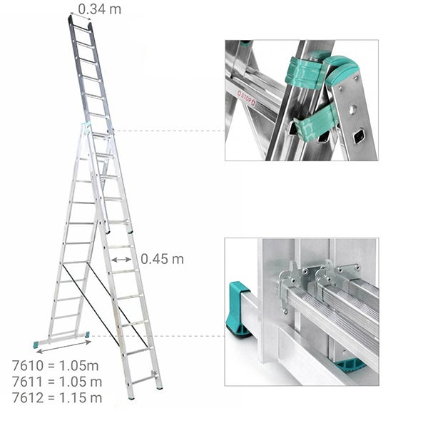 Echelle transformable 3 plans 3x10 barreaux - Longueur max. 6.26m - Sol plat - 7610 - 3