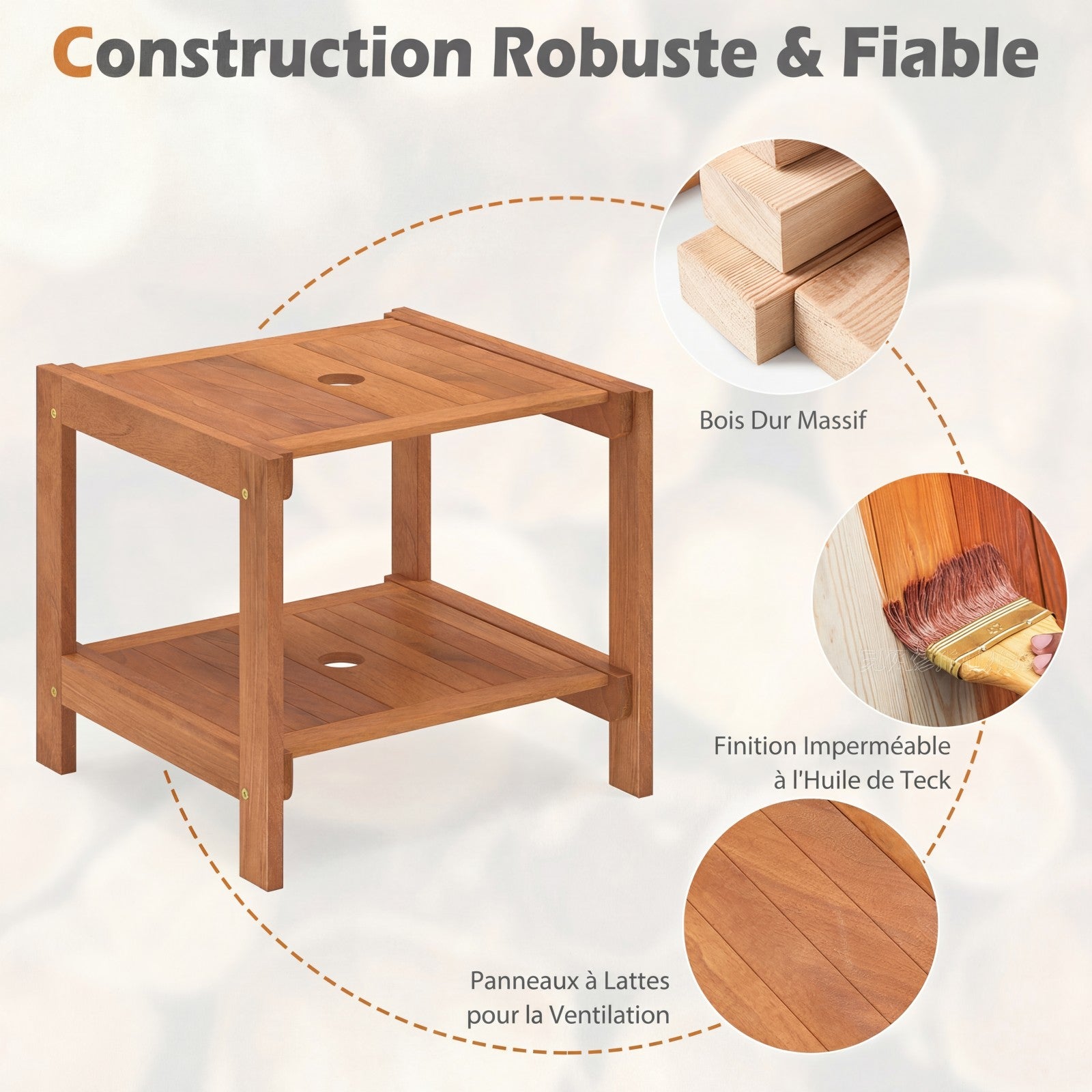 Table Basse Exterieur à 2 Niveaux, Table d’Appoint de Jardin en Bois, avec Trou pour Parasol, Plateau à Lattes, Naturel, 51 x 48 x 45 cm - 2