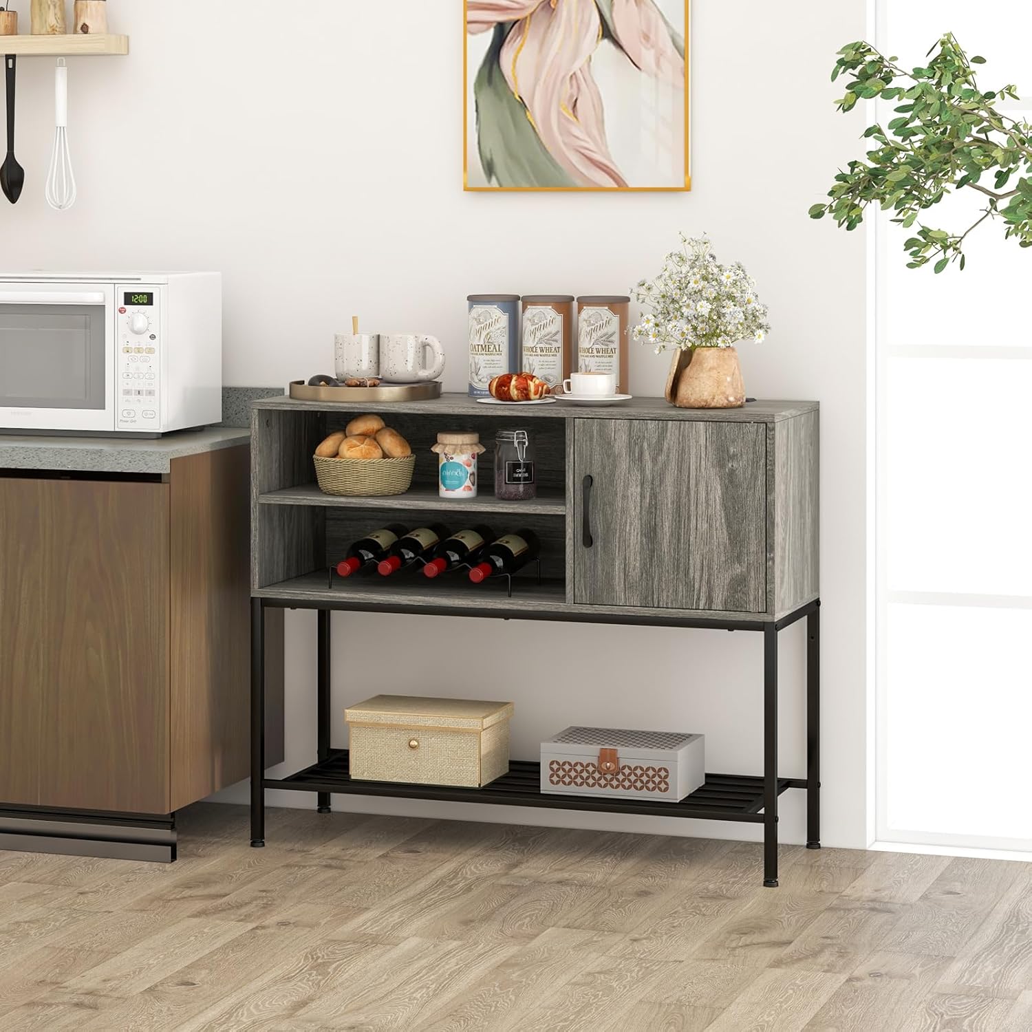Credenza Buffet da Cucina, Mobile da Cucina con Portabottiglie e Mensole, per Sala da Pranzo, Soggiorno e Ingresso, 100 x 35 x 83 cm (Grigio) - 2