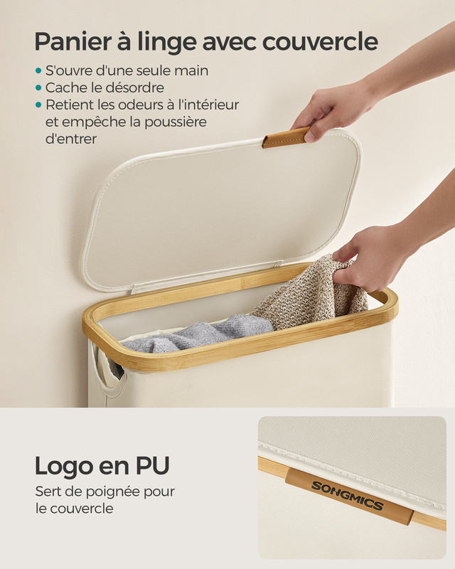 Panier à Linge Mince avec Couvercle, 65L, Doublure en Maille Amovible, Tissu Oxford, Pliable, 42 x 22,5 x 70,5 cm, Blanc Crème - 4