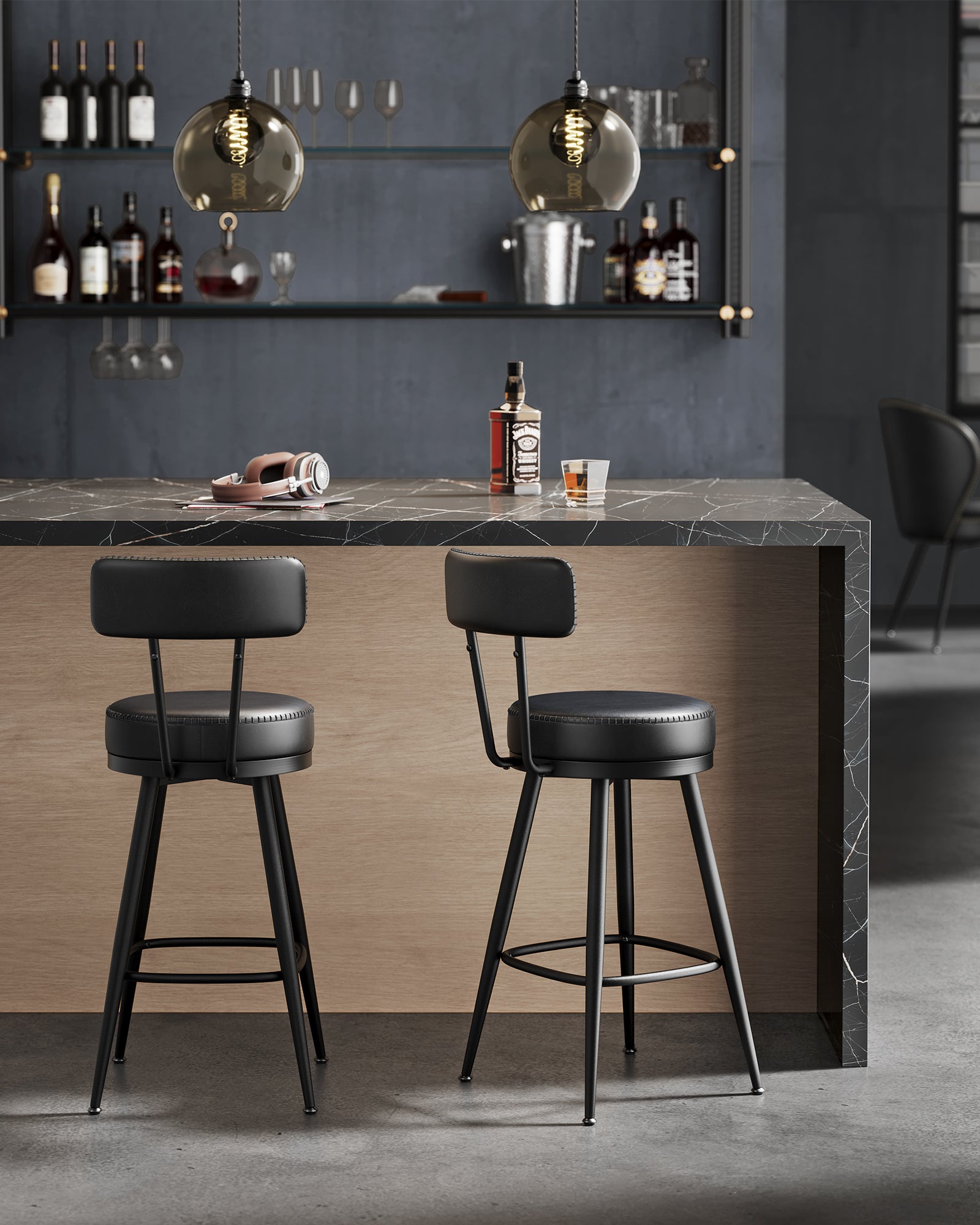 Tabouret de Bar, Lot de 2, Siège Rembourré, PU avec Coutures, Style Moderne Mi-siècle, Hauteur 65 cm, Noir d'encre - 2
