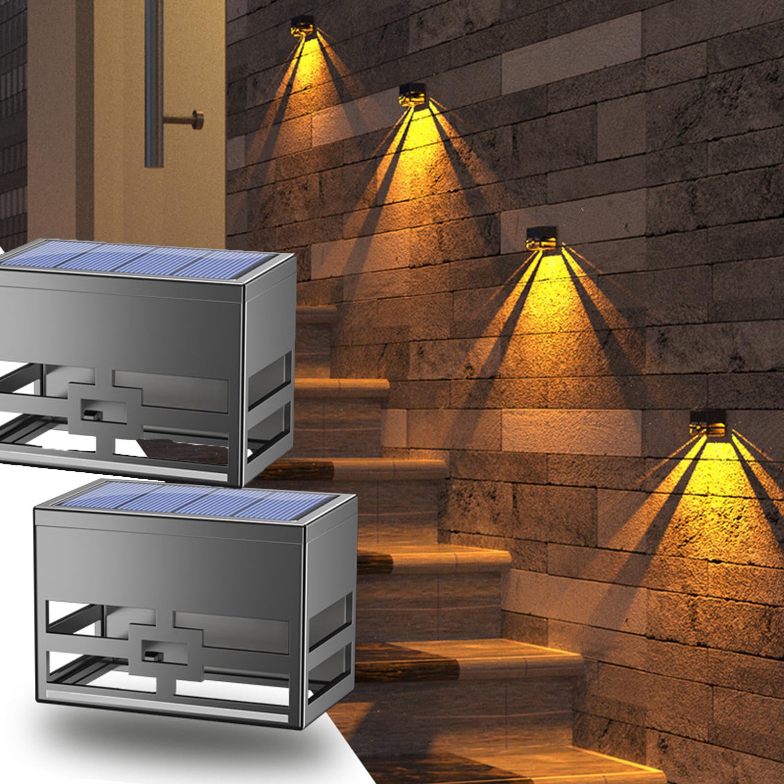 Zestaw 2 zewnętrznych lamp solarnych LED, wodoodpornych IP65, idealnych na taras, do ogrodu, na trawnik i podwórko (światło ciepłe 3 000 K)