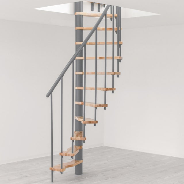 Scala a mezza chiocciola MINI SMART, larghezza 120 cm, struttura in acciaio grigio, gradini in legno faggio naturale