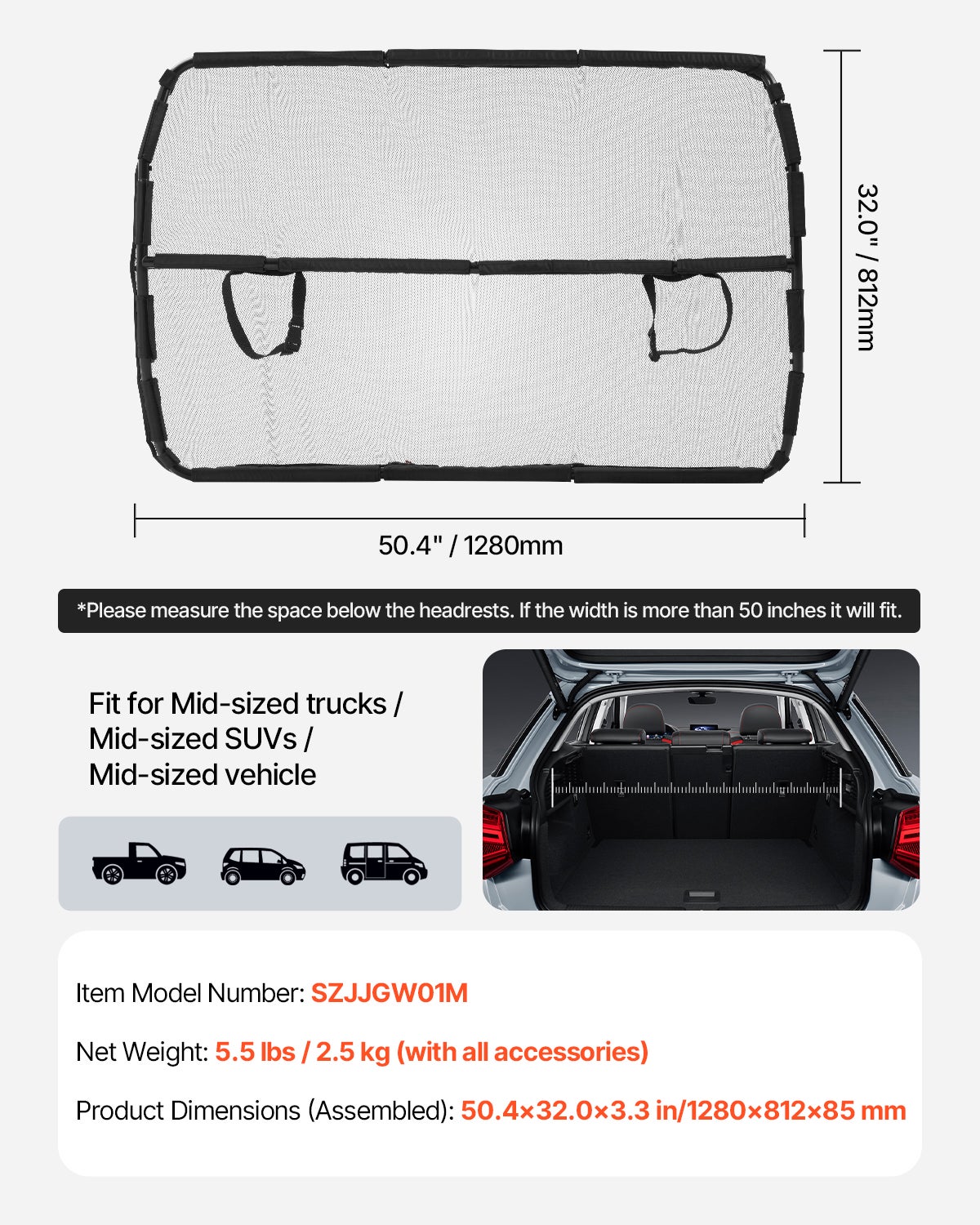 Barrera Perro,Separador VEVOR 50 pulgadas Asiento Frontal,Barrera Mascotas de Malla Transparente,Barrera Universal para Berlina,Camión,SUV,Negro - 7