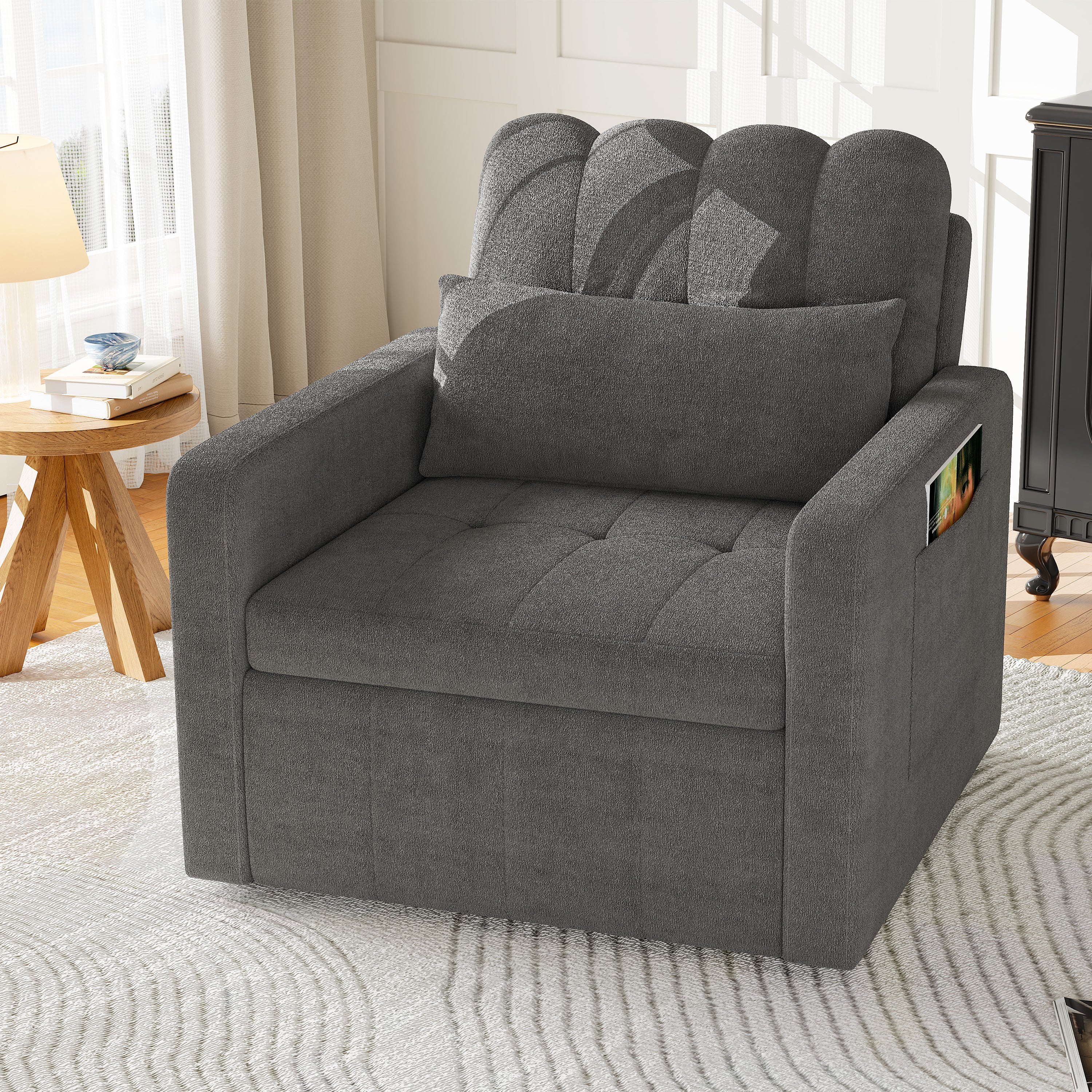 Canapé-lit 1 place pliant - fauteuil - dossier réglable, avec table d'appoint rabattable et poches latérales, tissu chenille - gris - 3