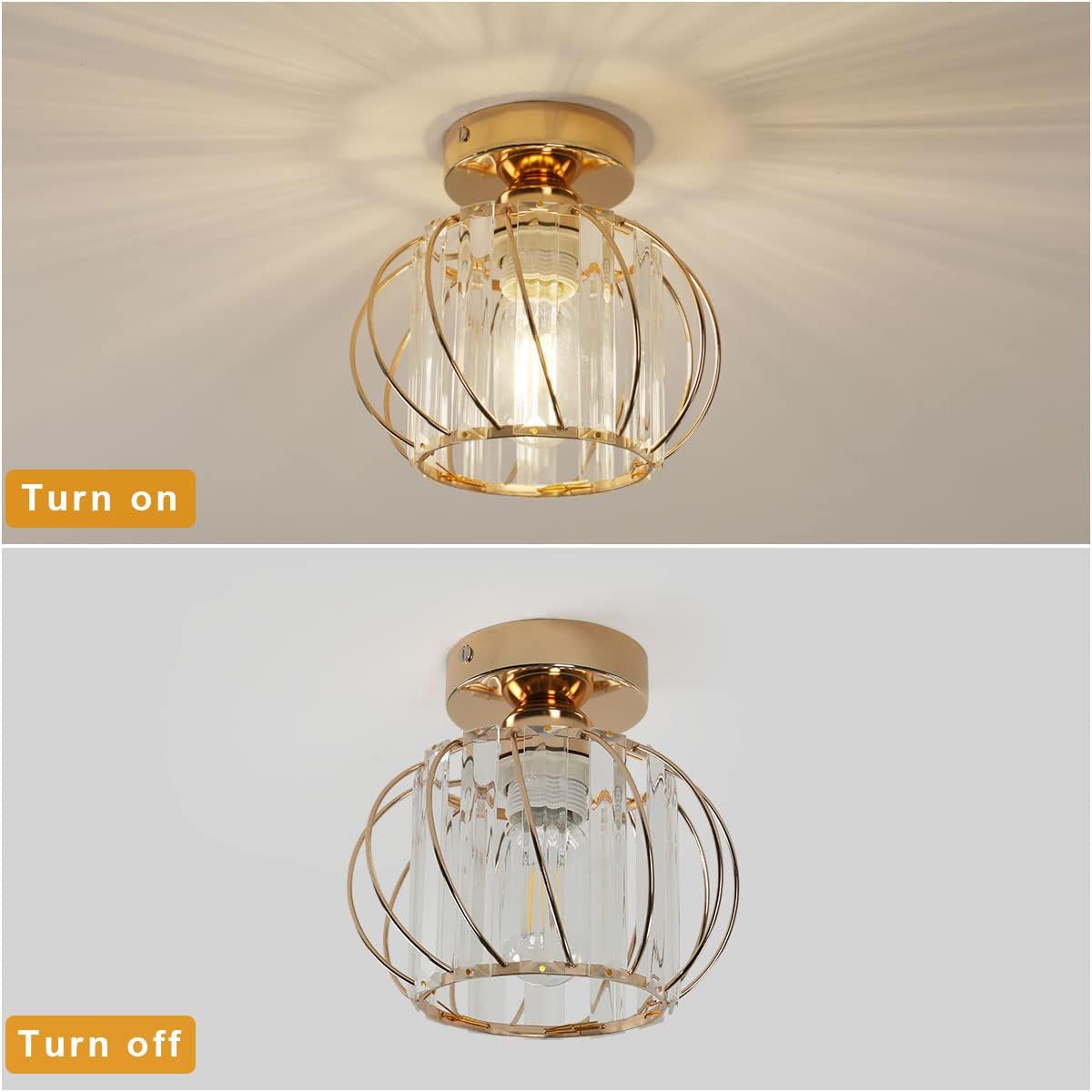 GOECO Plafonnier Cristal Doré en Métal, Luminaire Plafond E27 Rond Ø19cm pour Salon Chambre Couloir Intérieur - 4